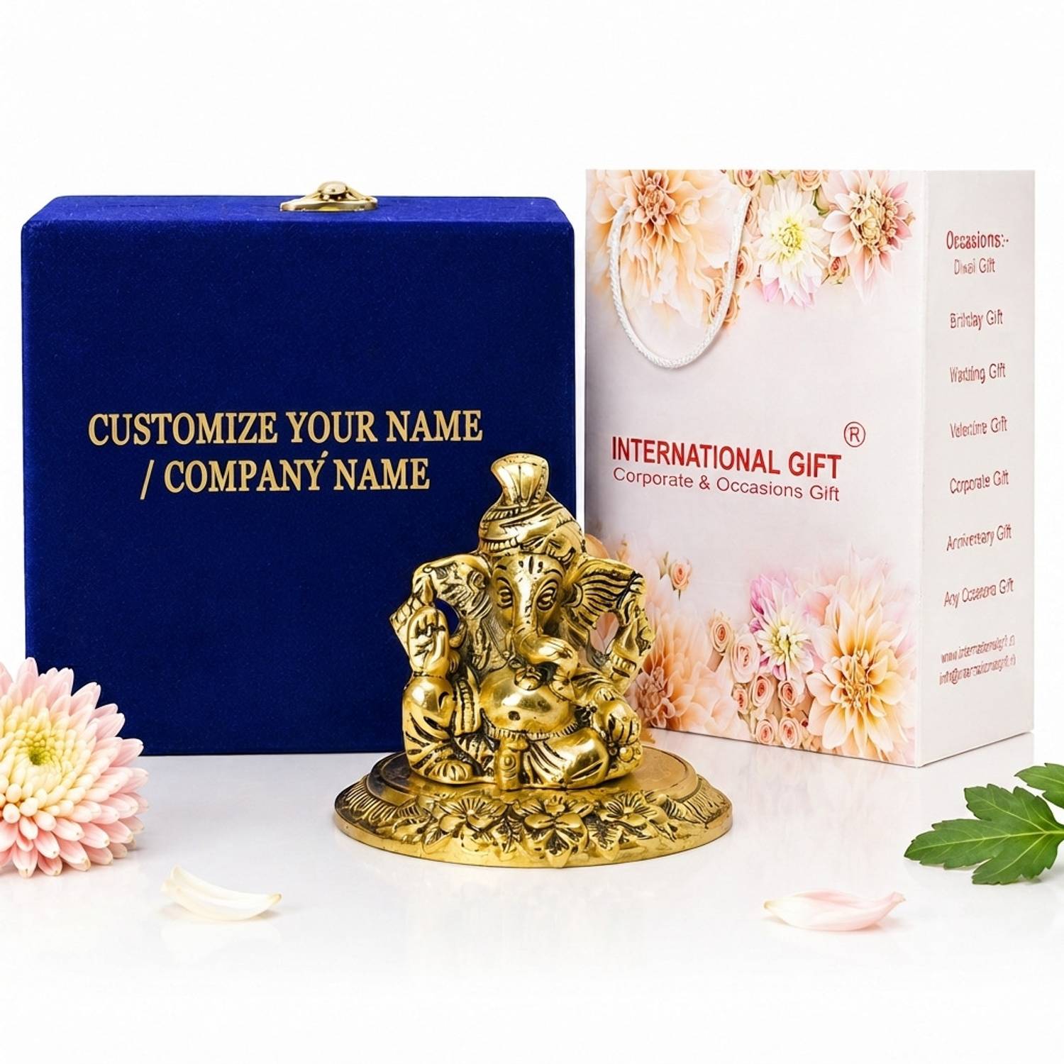 STARLIGHT Metal Gold Ganpati Statue with Personalized Tag & Blue Box Decorative Showpiece - 14 cm