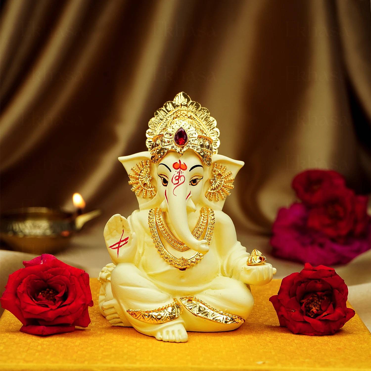 Ekhasa Ganesh Idol for Car Dashboard | Idols for Car Dash Board & Home Decor (Ivory) | Decorative Showpiece - 8.3 cm