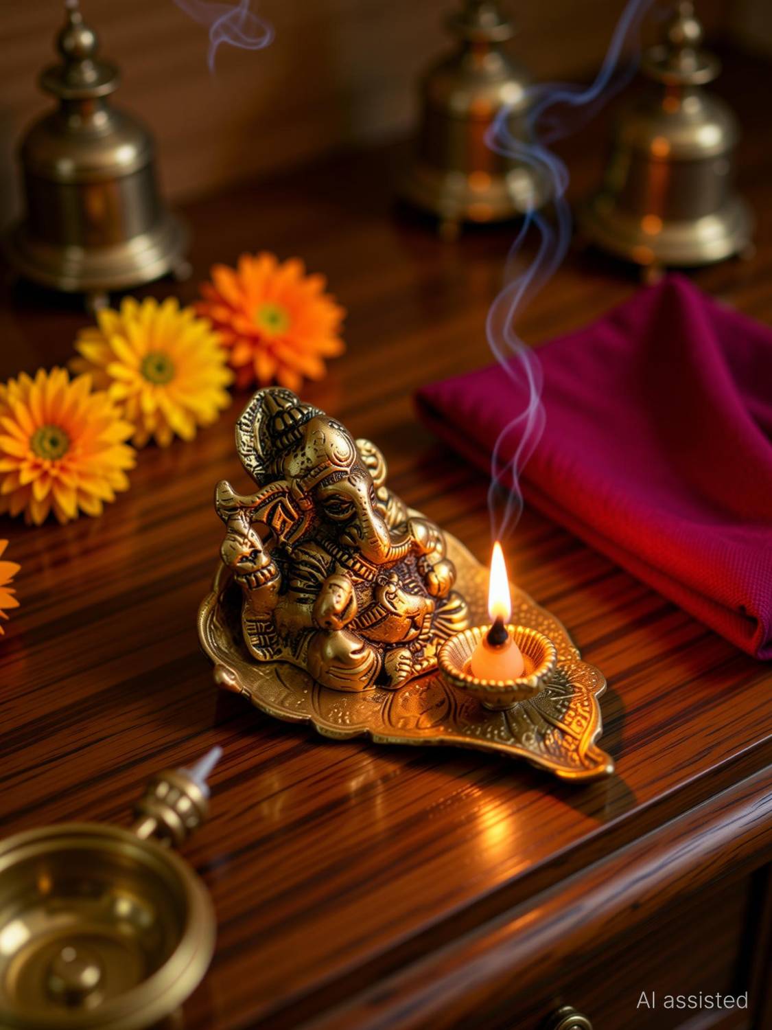 SP Handicrafts Leaf Ganesh with Diya | Lord Ganesha Metal Hand Craved for Home Decorative | Gift Puja | Diwali Gift Decorative Showpiece - 9 cm