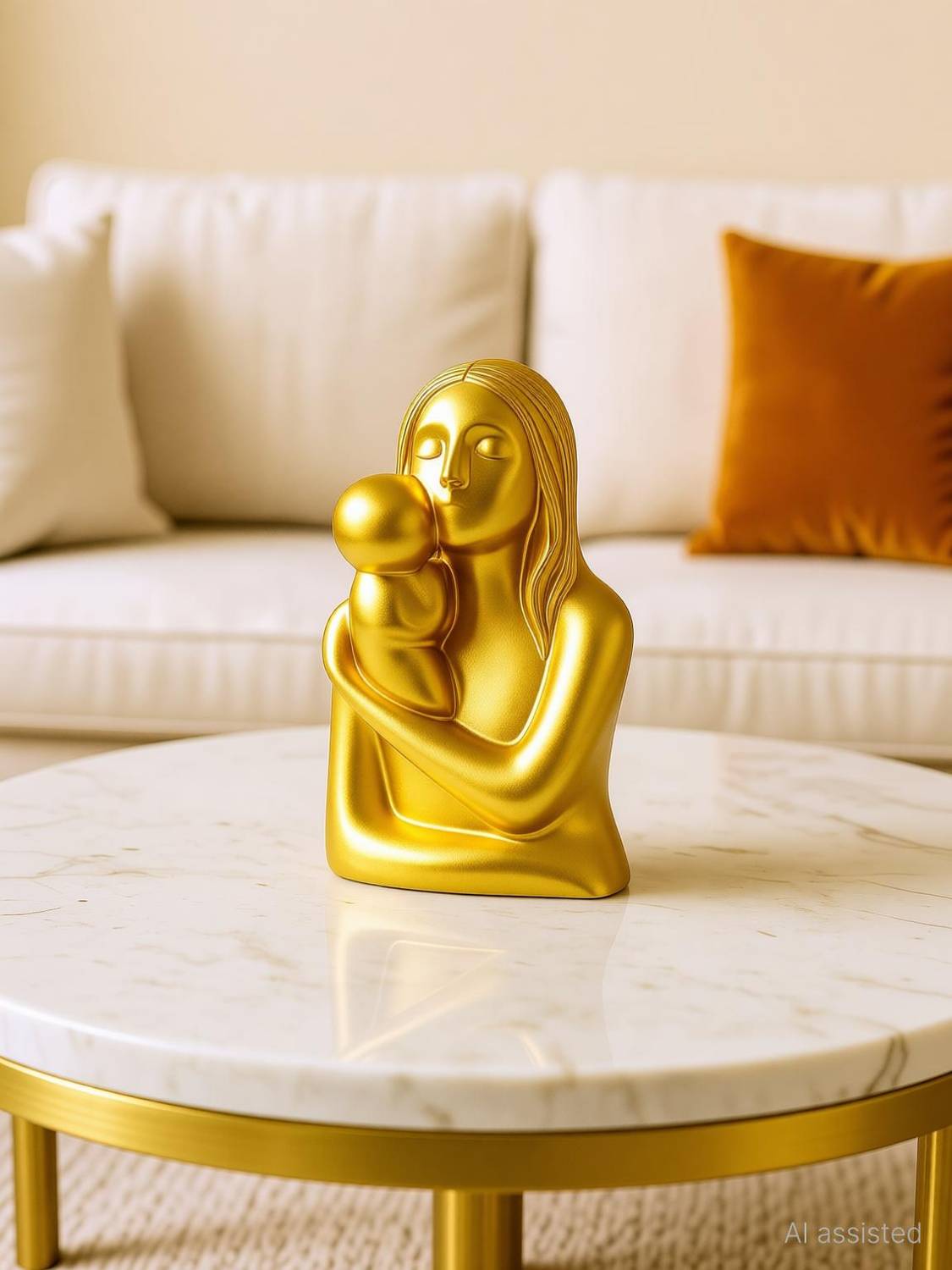 aabco Golden Mother and Baby Figurine for Minimal Interior Decorative Showpiece  -  15 cm