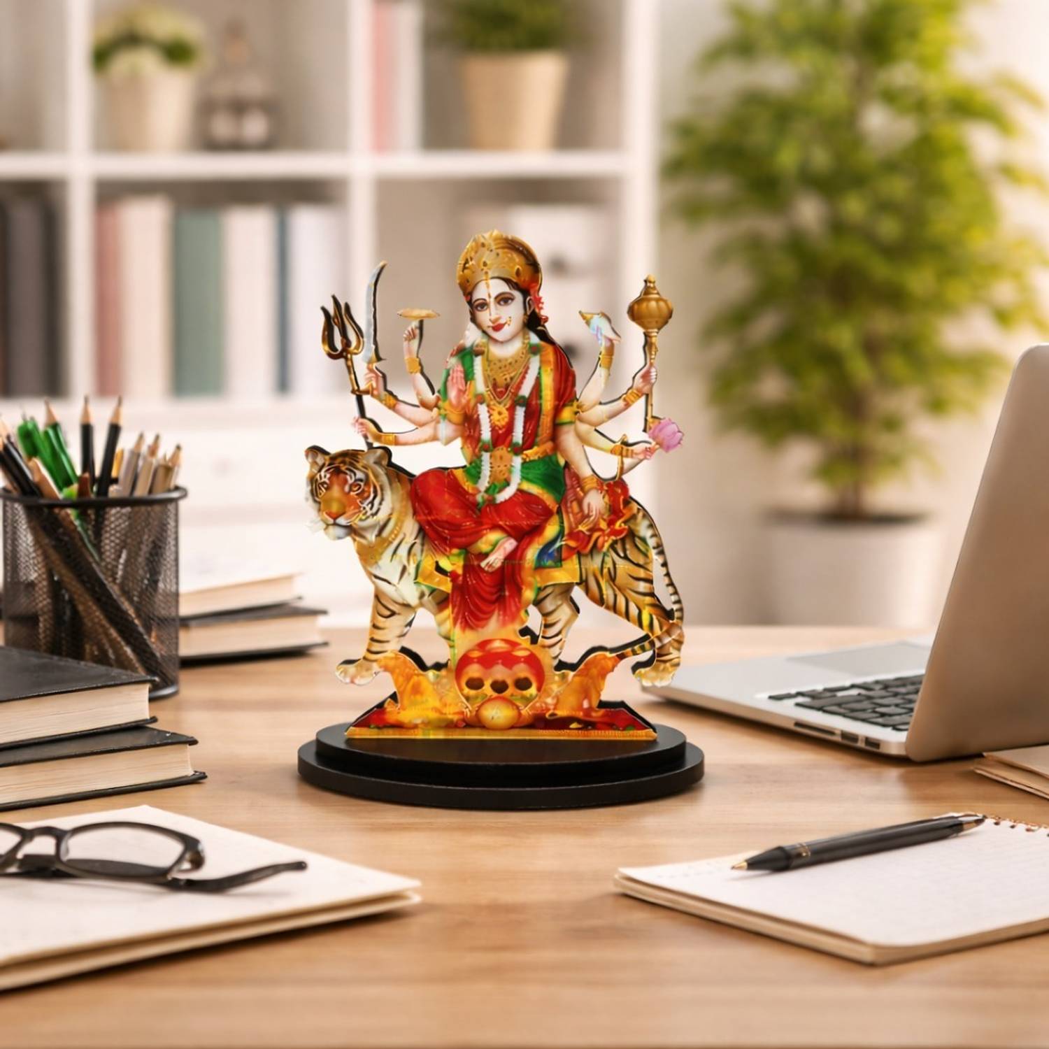 Adiguru Wooden MDF Durga Mata Idol for Home Decor, Office & Car Use Decorative Showpiece - 10 cm
