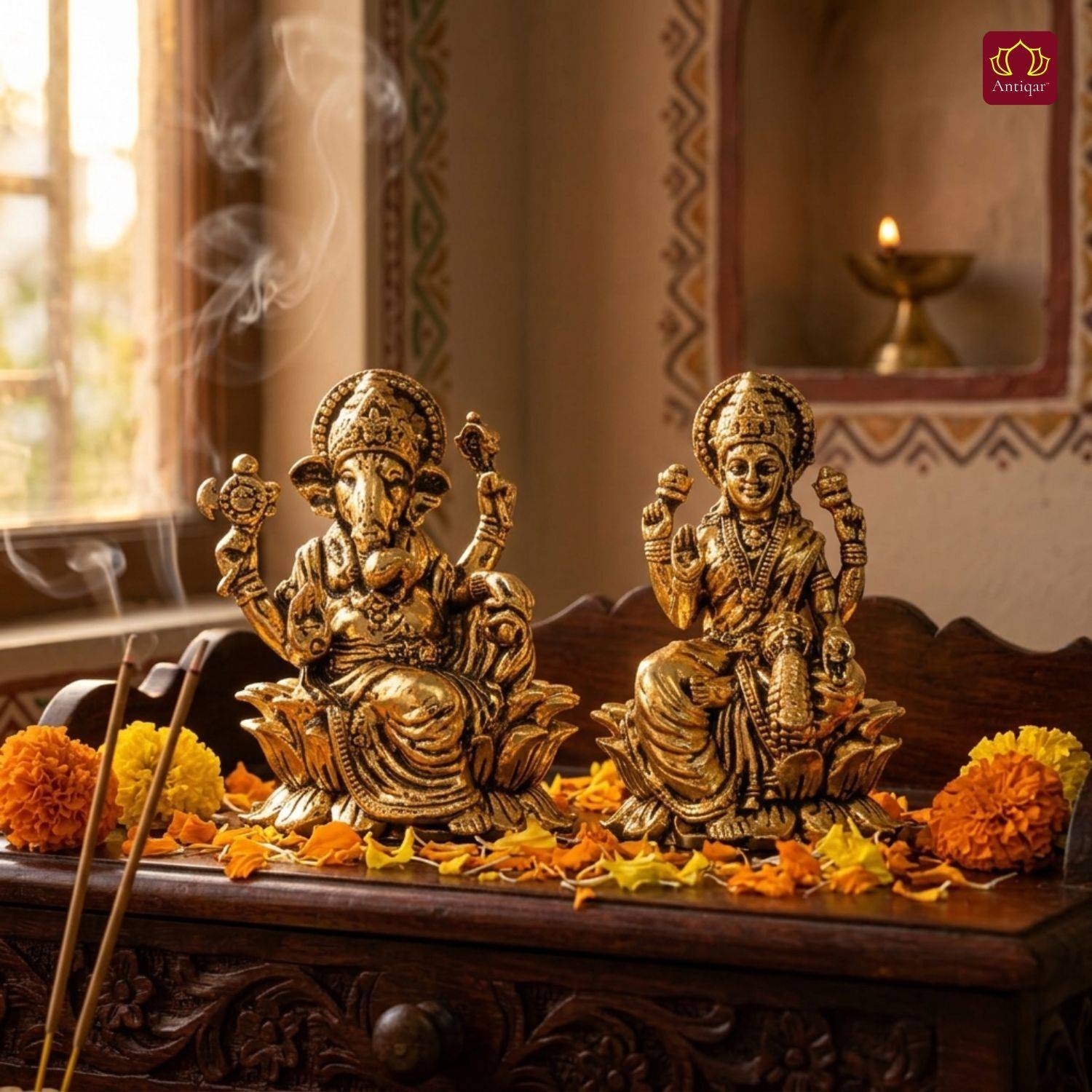 Antiqar Brass Ganesh Laxmi Pair Idol | Spiritual Idol for Temple & Home Decor Decorative Showpiece - 4.5 cm