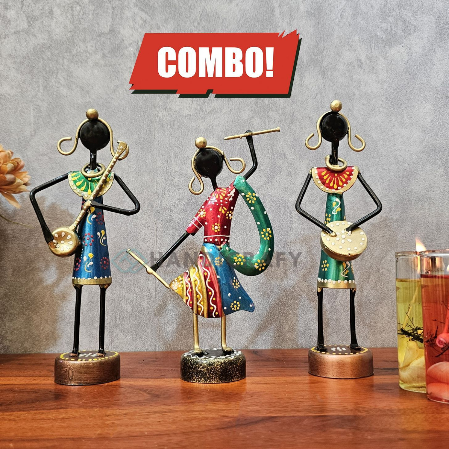 Image of Handicrafy Metal Rajasthani Musician Showpiece Set of 3 Decorative Showpiece - 16 cm