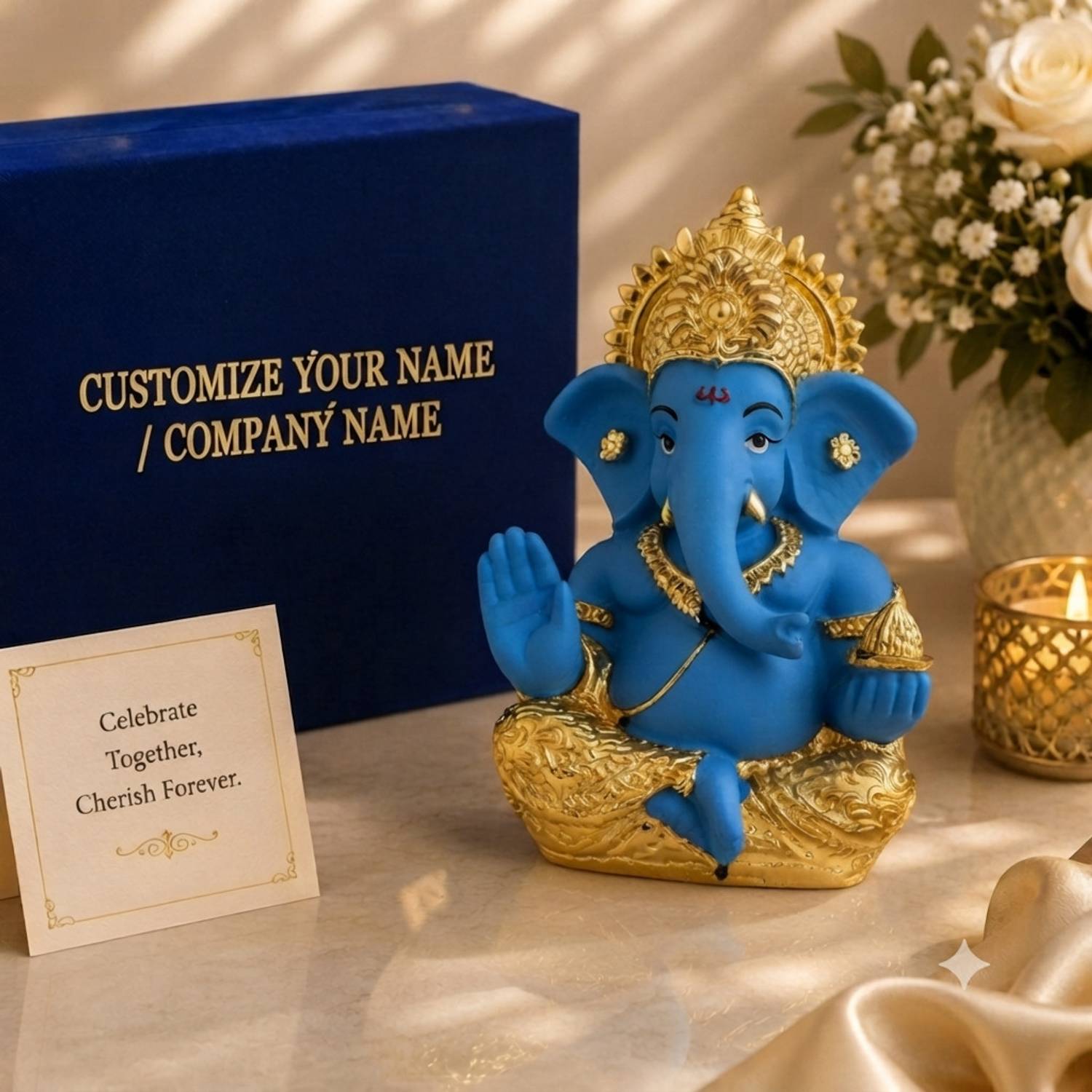 STARLIGHT Resin Ganpati Idol Blue, Gold Plated, Velvet Box, Bag & Custom Tag Decorative Showpiece  -  5 cm