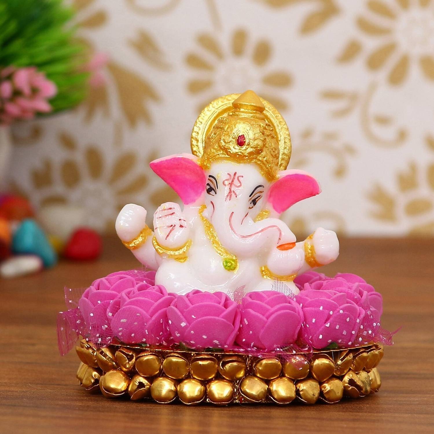 Flipkart SmartBuy Lord Ganesha Idol on Decorative Handcrafted Plate with Pink Flowers Decorative Showpiece  -  8 cm