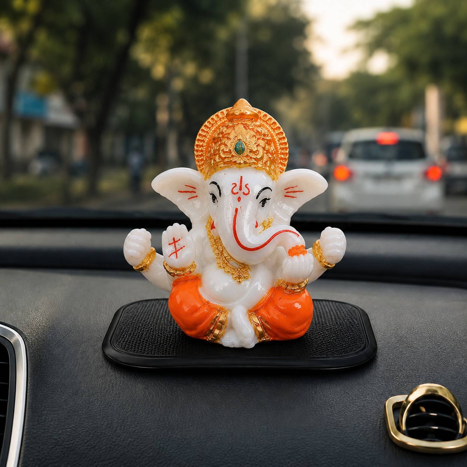Devayam Lord Ganesha Car Dashboard Idol White, Gold & Orange Decorative Showpiece - 7 cm