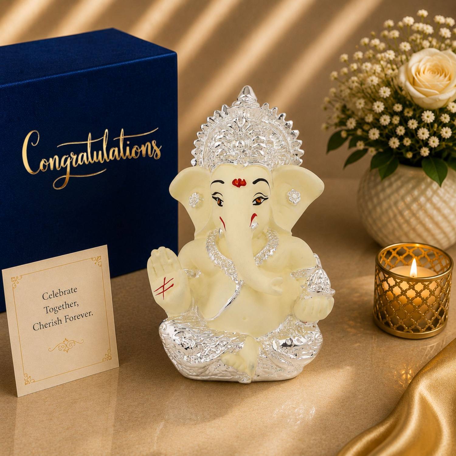 STARLIGHT Resin Ganpati Idol Cream, Silver Plated, Velvet Box, Bag & Congrats Tag Decorative Showpiece - 5 cm