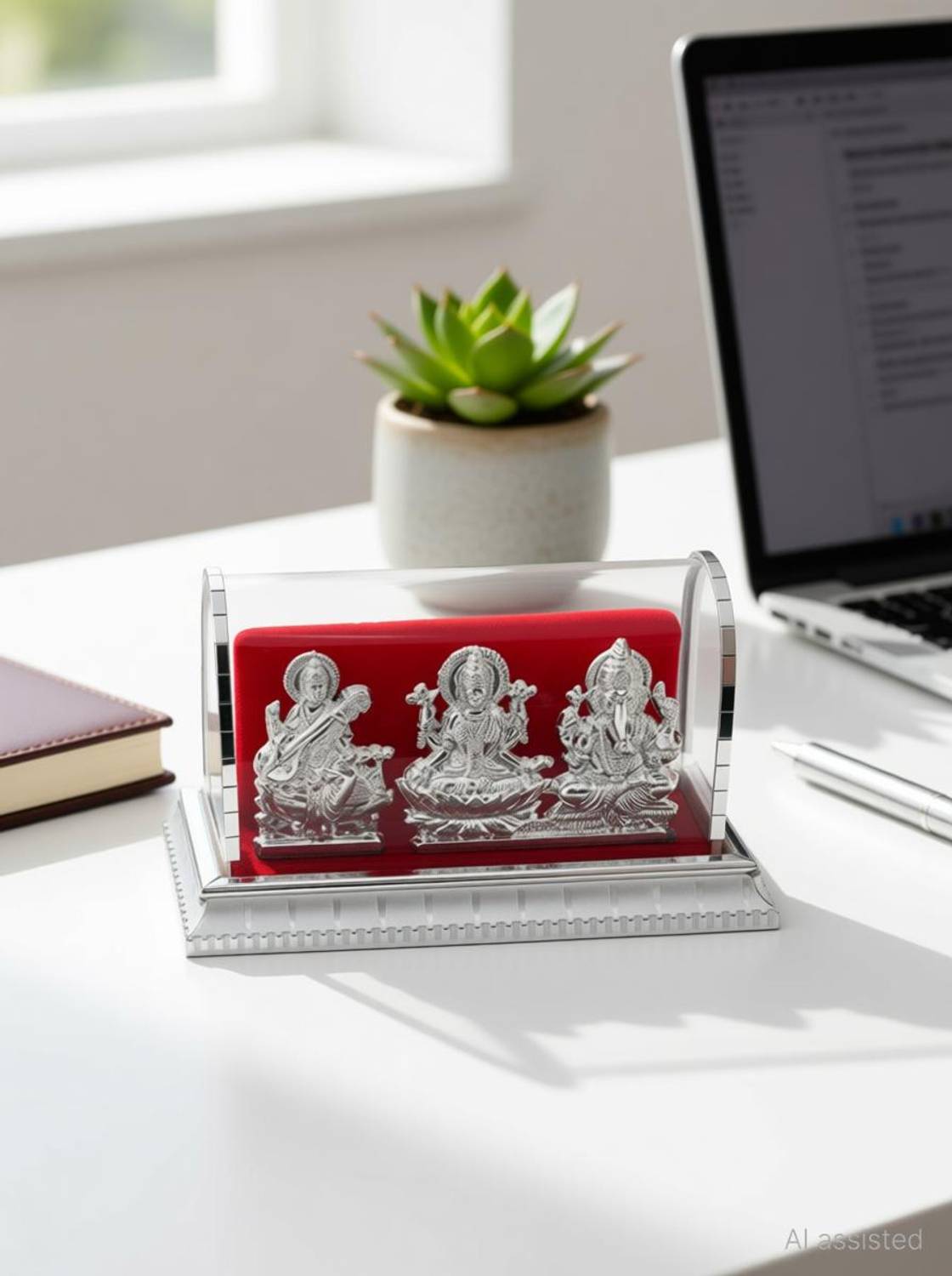 INTERNATIONAL GIFT Silver Plated Laxmi Ganesh Sarswati Acrylic Idol/Hindu God Ganpathi & Goddess Laxmi Pooja Mandir/Car Dashboard/Office Tabel Decorative Showpiece - 10 cm