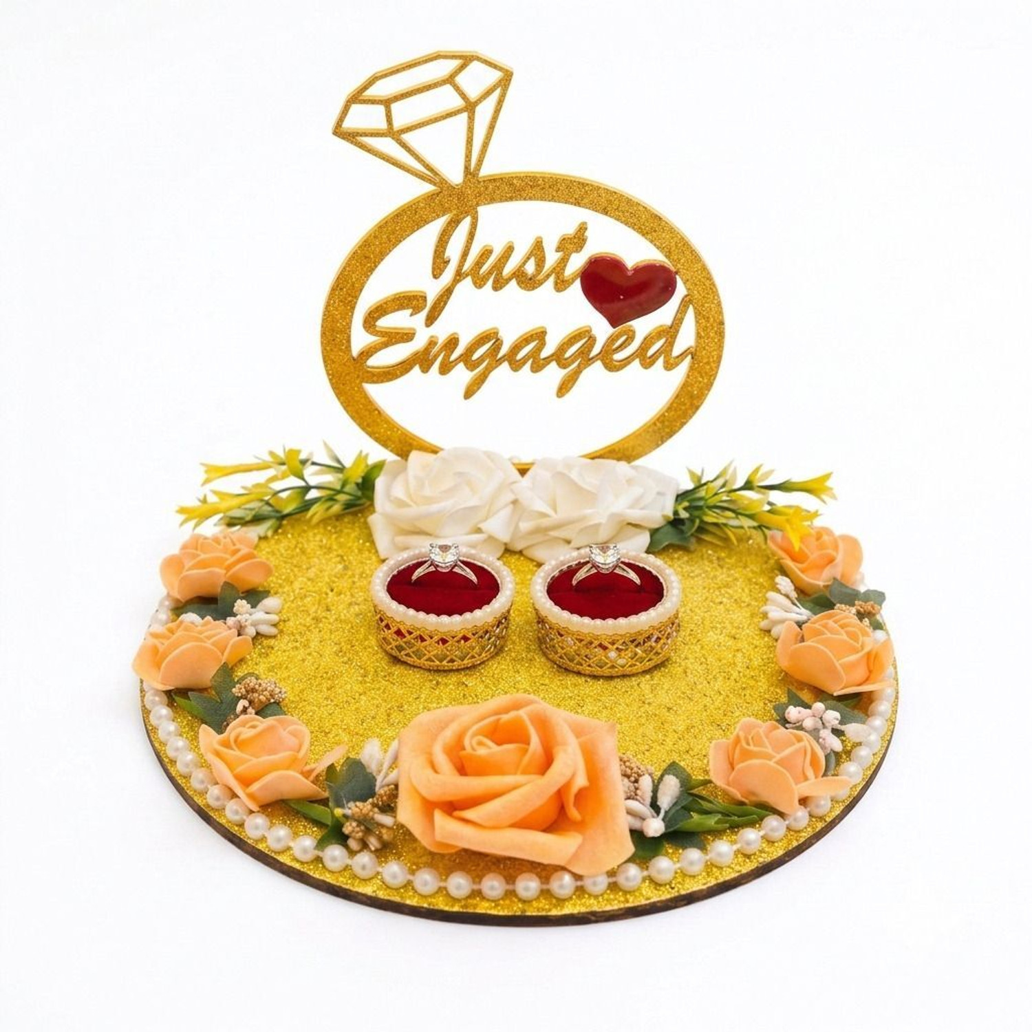 Image of Sara Unique Gift Just Engaged Floral Ring Platter (Gold) Decorative Showpiece - 23 cm