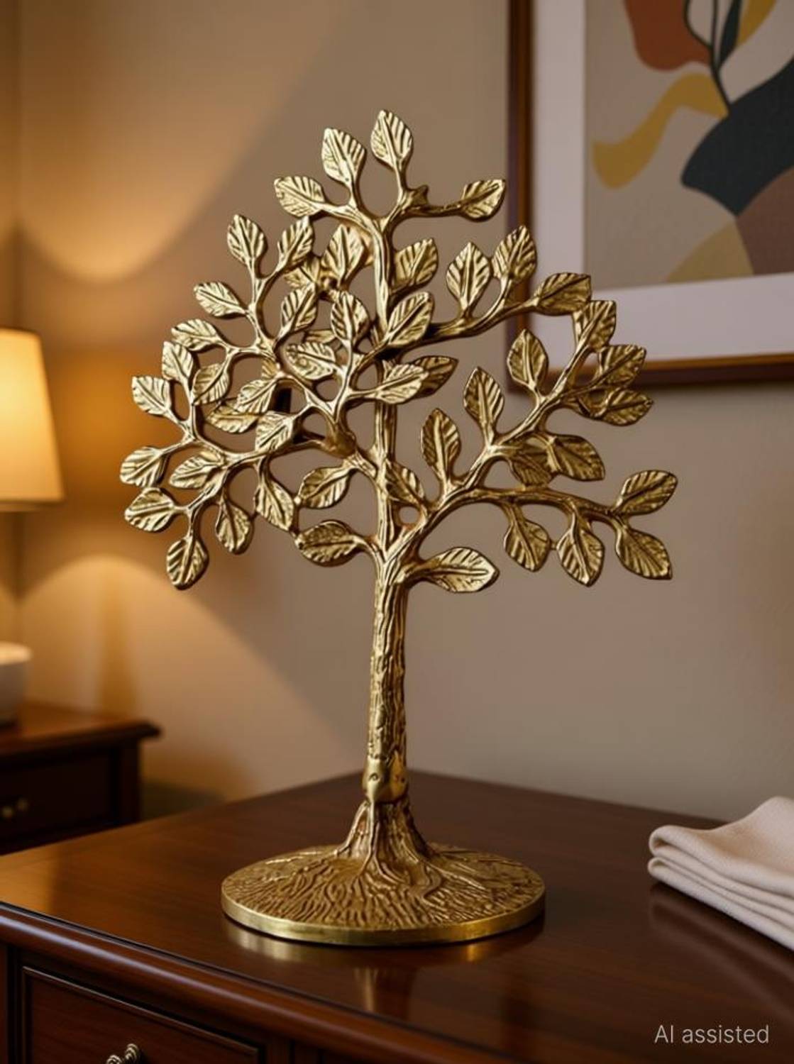 Arana Circle Brass Tree Showpiece for Home Decor | Minimal Tree of Life Sculpture | Gift Item Decorative Showpiece - 20.3 cm