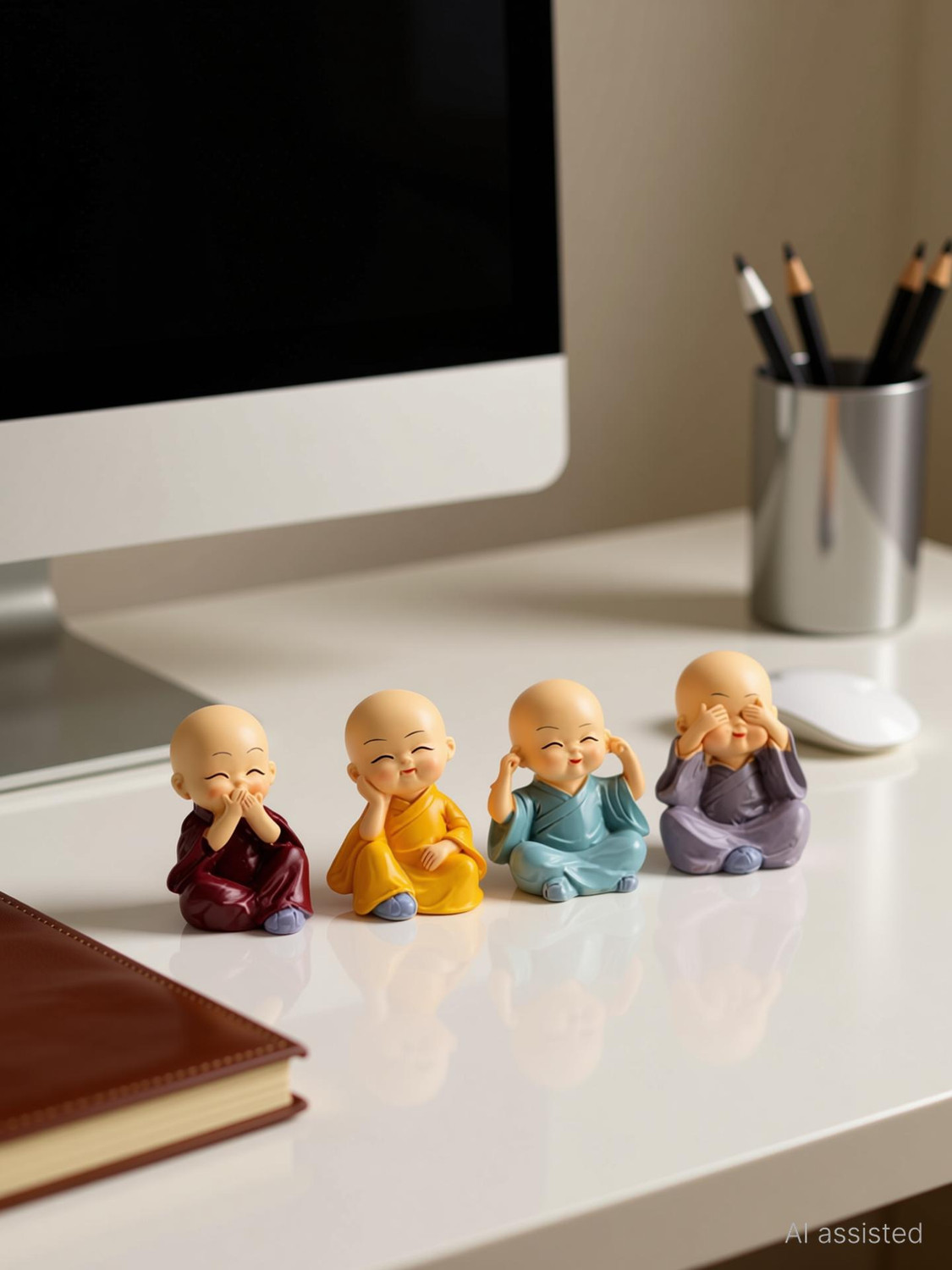 Image of Little Corners Set of 4 Baby Monk Buddha Figurines for Car Dashboard| Home Decor| Office Decor| Decorative Showpiece - 5 cm