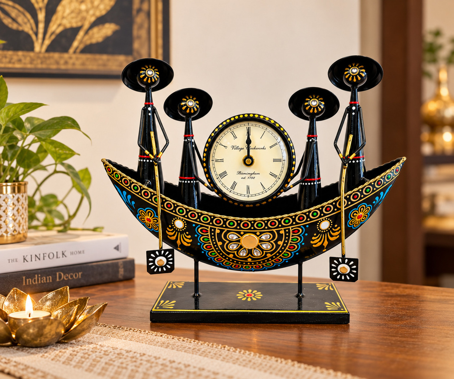 Image of The SK Creative Arts Boat Shaped Decorative Table Clock with Multi Candle Holder Artistic Decorative Showpiece - 5 cm