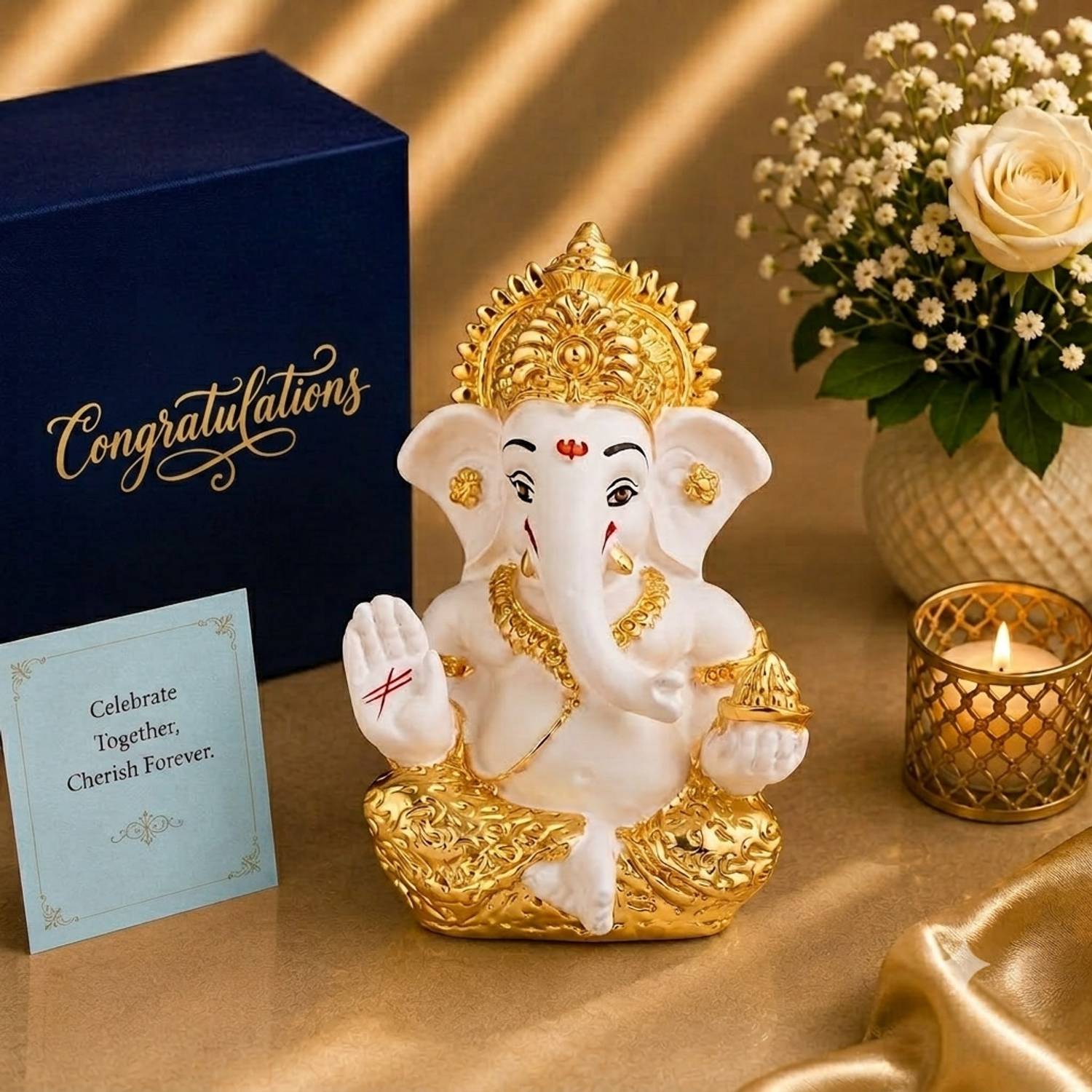 STARLIGHT Resin Ganpati Idol White, Gold Plated, Velvet Box, Bag & Congrats Tag Decorative Showpiece - 5 cm