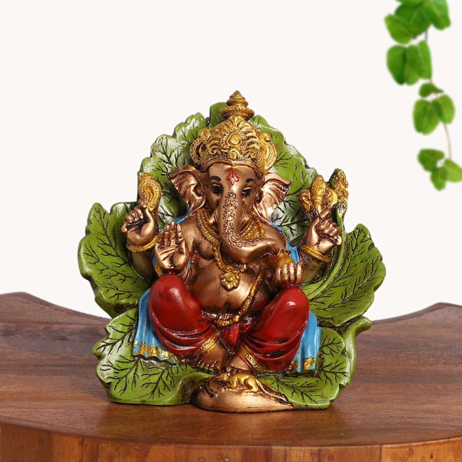 STARLIGHT Multicolor Leaf On Siting Ganpati Idol Statue | For Pooja, Mandir Decorative Showpiece - 15.24 cm