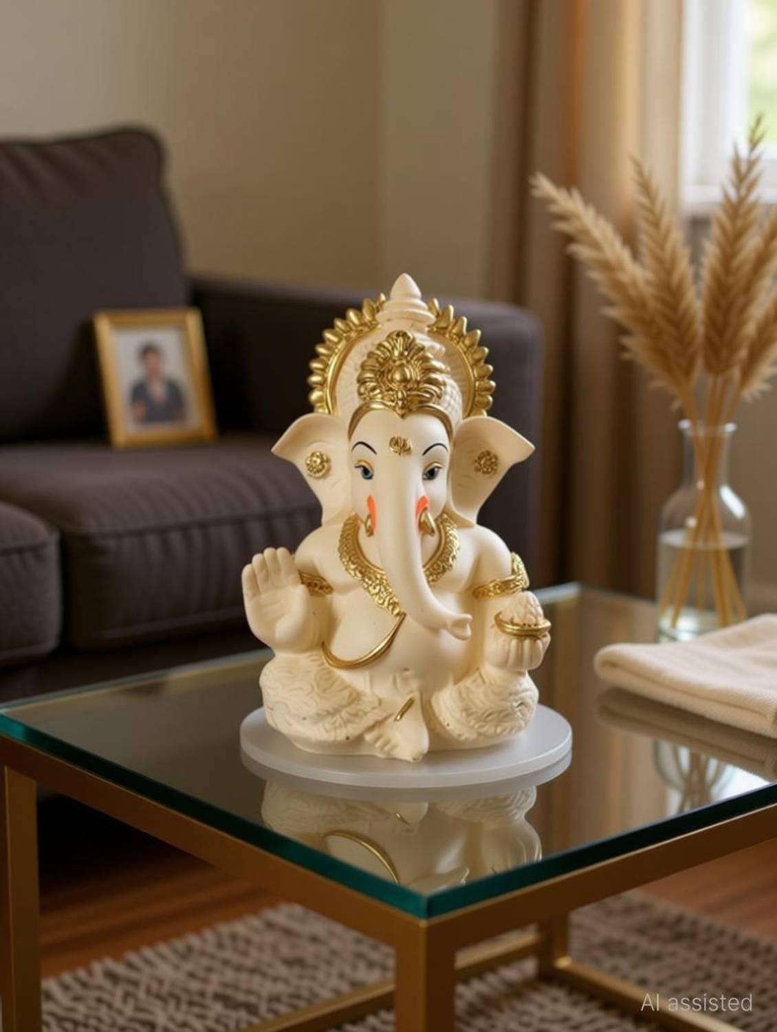 Reena Enterprises Elegant Polyresin Lord Ganesha Idol with Golden Accents, Perfect for Home Decor Decorative Showpiece - 8.5 cm