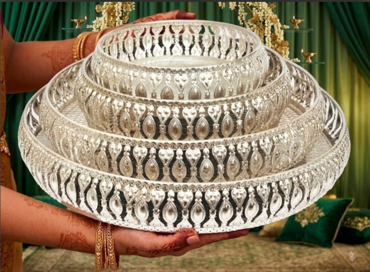 Image of royalhandicraft German Silver Tray Serving Set (Pack of 4) 4,6,8,10 inch Decorative Showpiece - 8 cm