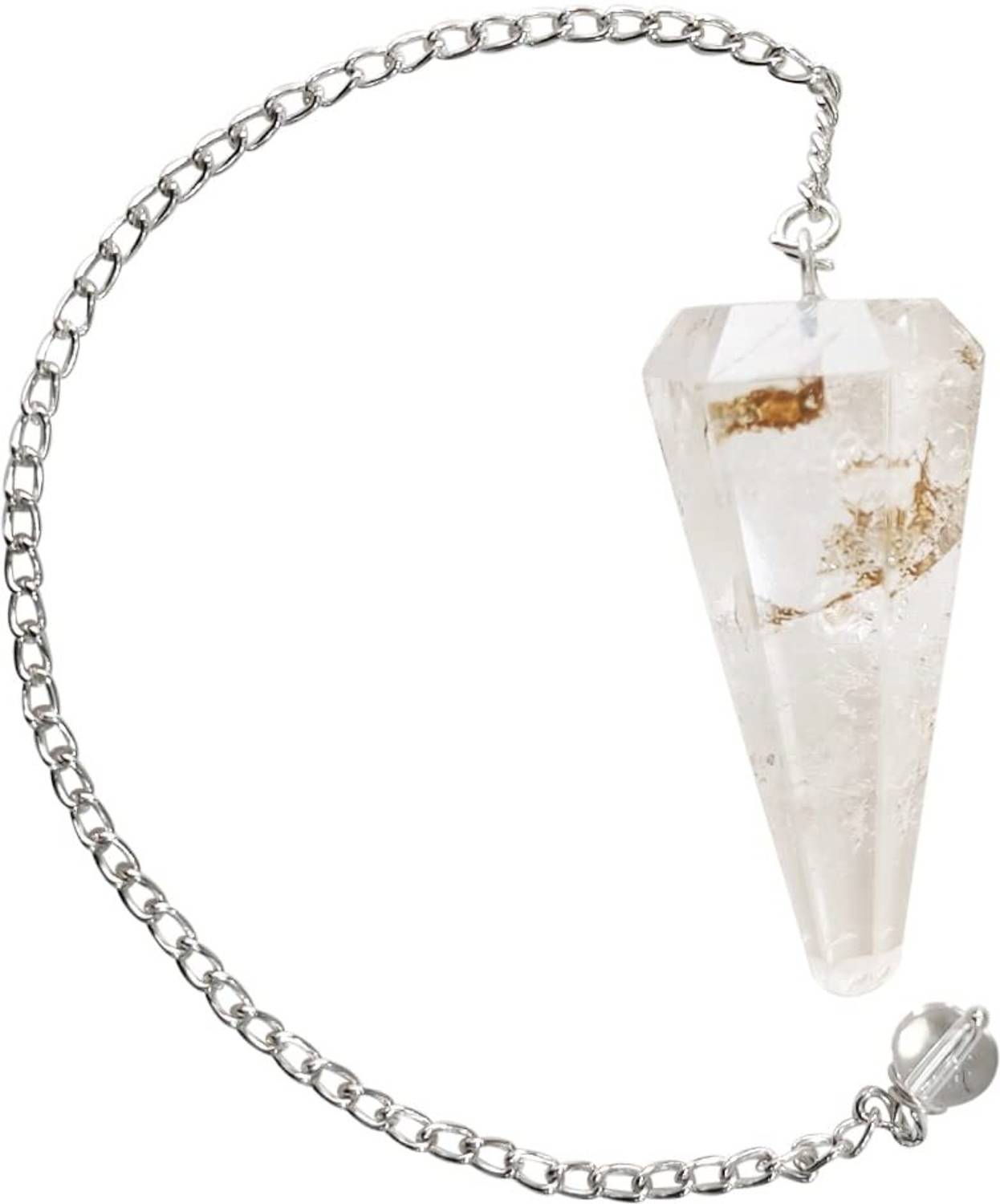 9dzine Clear Quartz Stone Dowsing Point Pendulum with Chain Beads for Reiki Healing Decorative Showpiece  -  5 cm