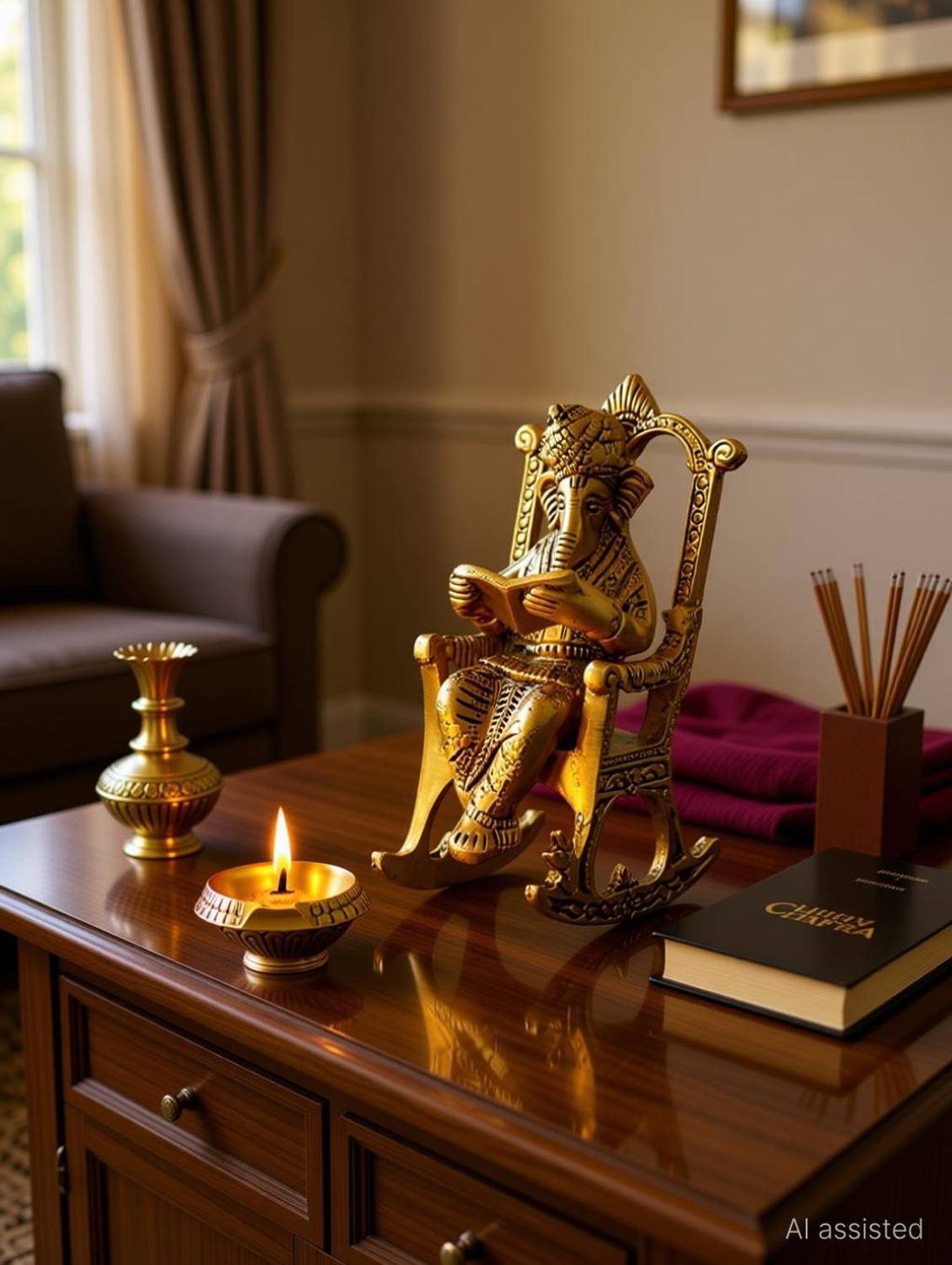 Chhariya Crafts Metal Lord Ganesha Reading Ramayana Statue Hindu Ganesh Ganpati Sitting on Chair With Kuber Diya Idol Sculpture for Home Office and Gifts Decor Diwali Gift corporate Gifts Decorative Showpiece  -  14 cm