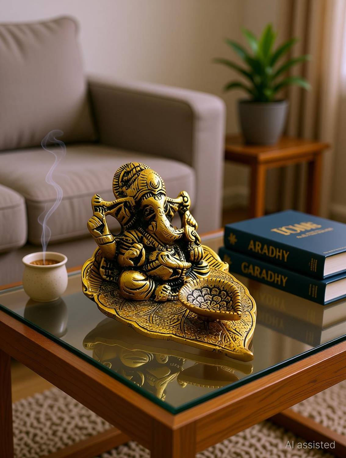 Aaradhy Creations Ganesha on Leaf / Ganesh with Diya / Ganesh Statue / Brass Ganesh Statue / Religious Idol / Lord Ganesha Metal Hand Craved for Home Decorative Gift Decorative Showpiece - 6 cm