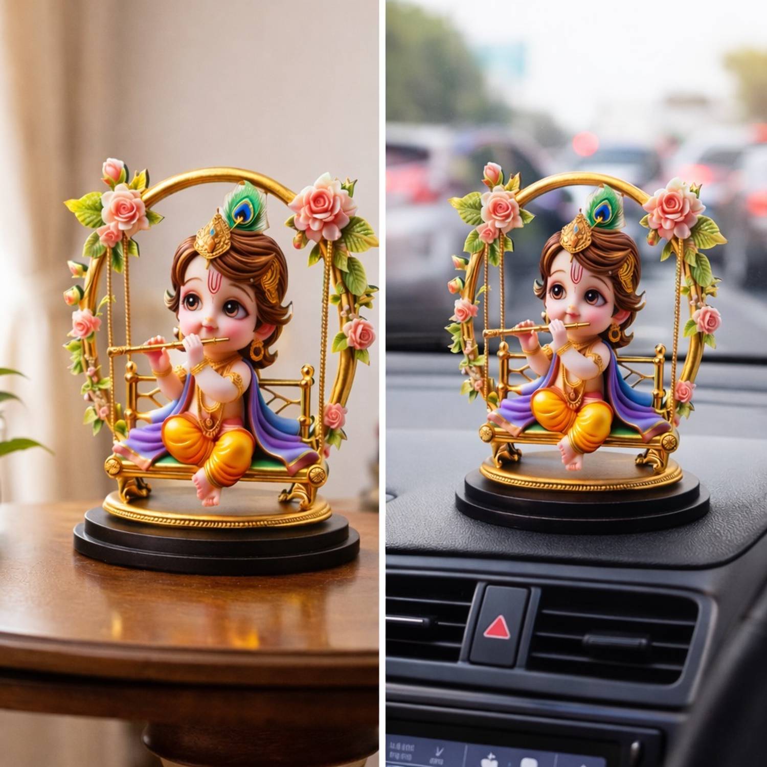 Adiguru MDF Jhula Krishna Idol for Car Dashboard, Home Decor & Office Decorative Showpiece - 10 cm