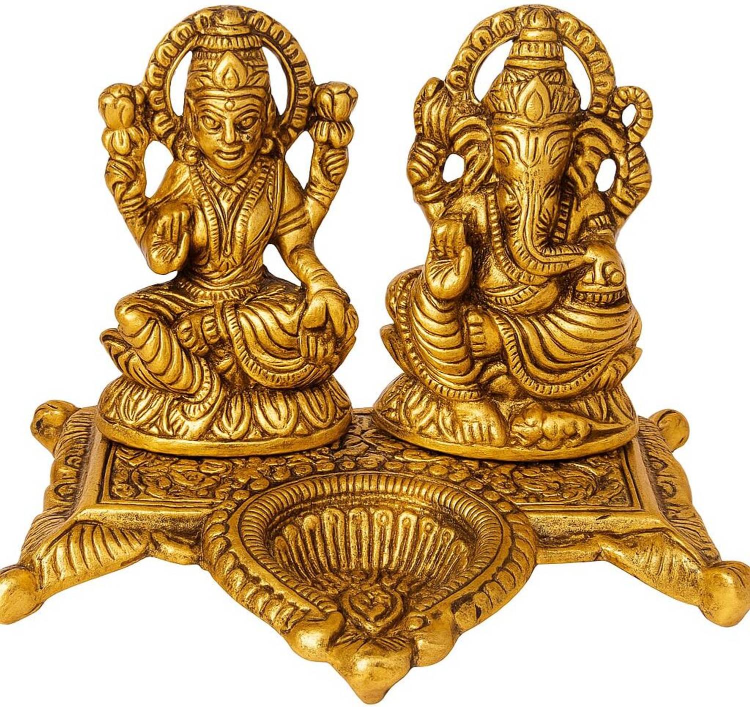 PujaSamadhaan Golden Laxmi Ganesha Idol with Diya Base for Home Temple and Diwali Puja Decorative Showpiece - 7 cm