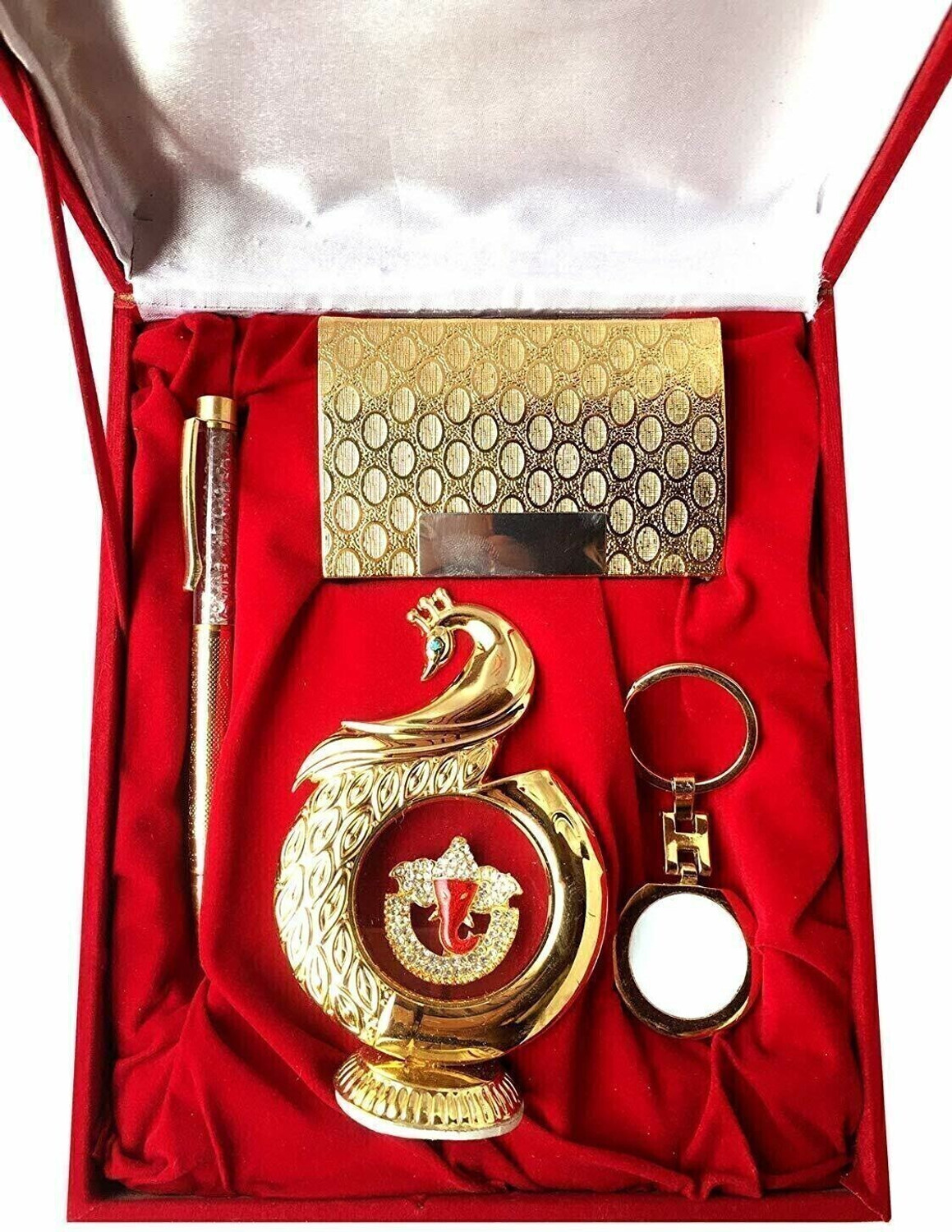 Image of INTERNATIONAL GIFT Gold Plated Pen, Card Holder & Key Chain With Ganesh Face Idol | Gift Box Decorative Showpiece - 12 cm
