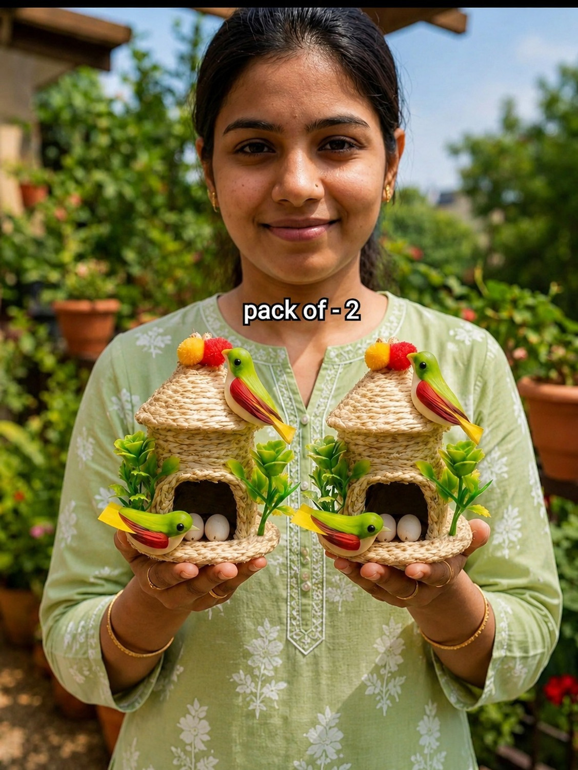 Image of Hareshwar Collections Colorful Bird Nest House Home Accent Pack of 2 Decorative Showpiece - 20 cm