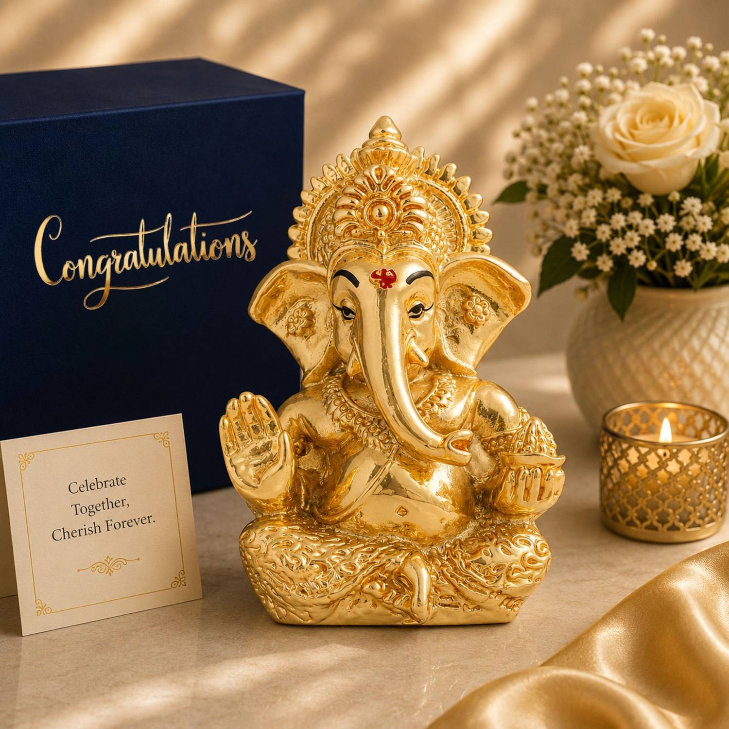 STARLIGHT Resin Ganpati Idol Golden, Velvet Box, Carry Bag & Congrats Tag Decorative Showpiece - 5 cm