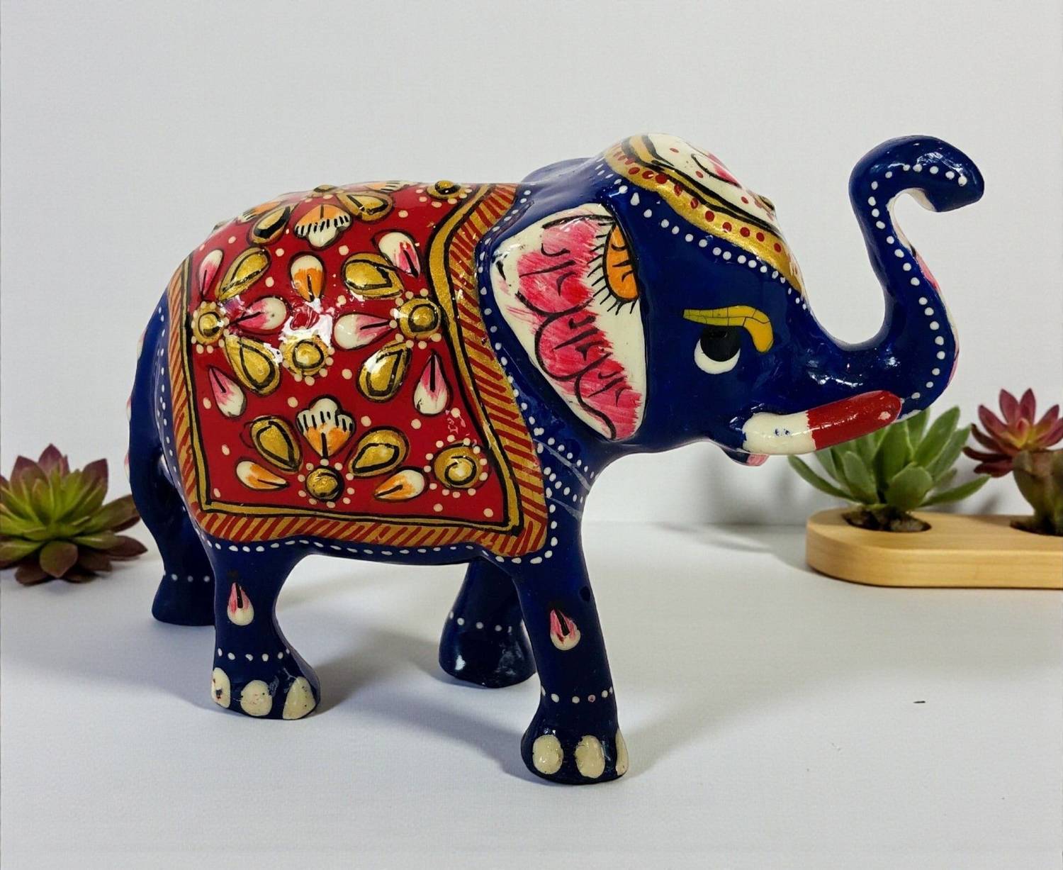 Antiques Nirmala Metal Handmade Embossed Trunk Up Elephant Decorative Showpiece - 6.35 cm