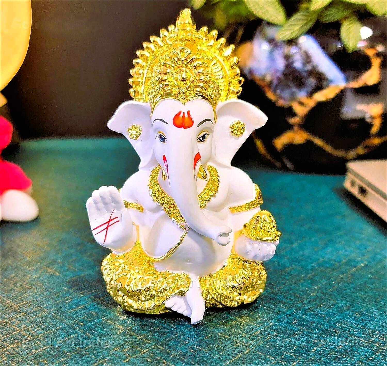 shyam lalla handicraft Ganesha Statue - 24 k Gold plated , Prosperity, Luck, Puja Decor, car dashboard Decorative Showpiece - 9 cm