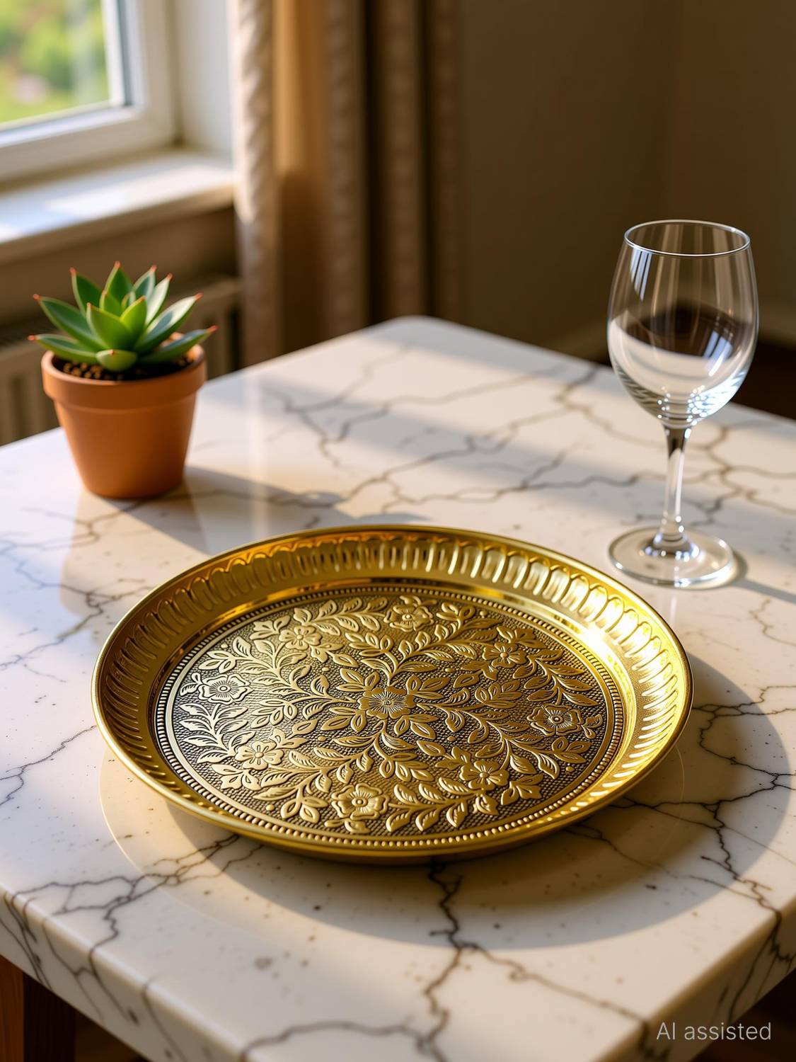 Antiqar Brass Etching Floral Design Plate| Mughlai Style use for Festivals & Restaurents Decorative Showpiece - 2 cm
