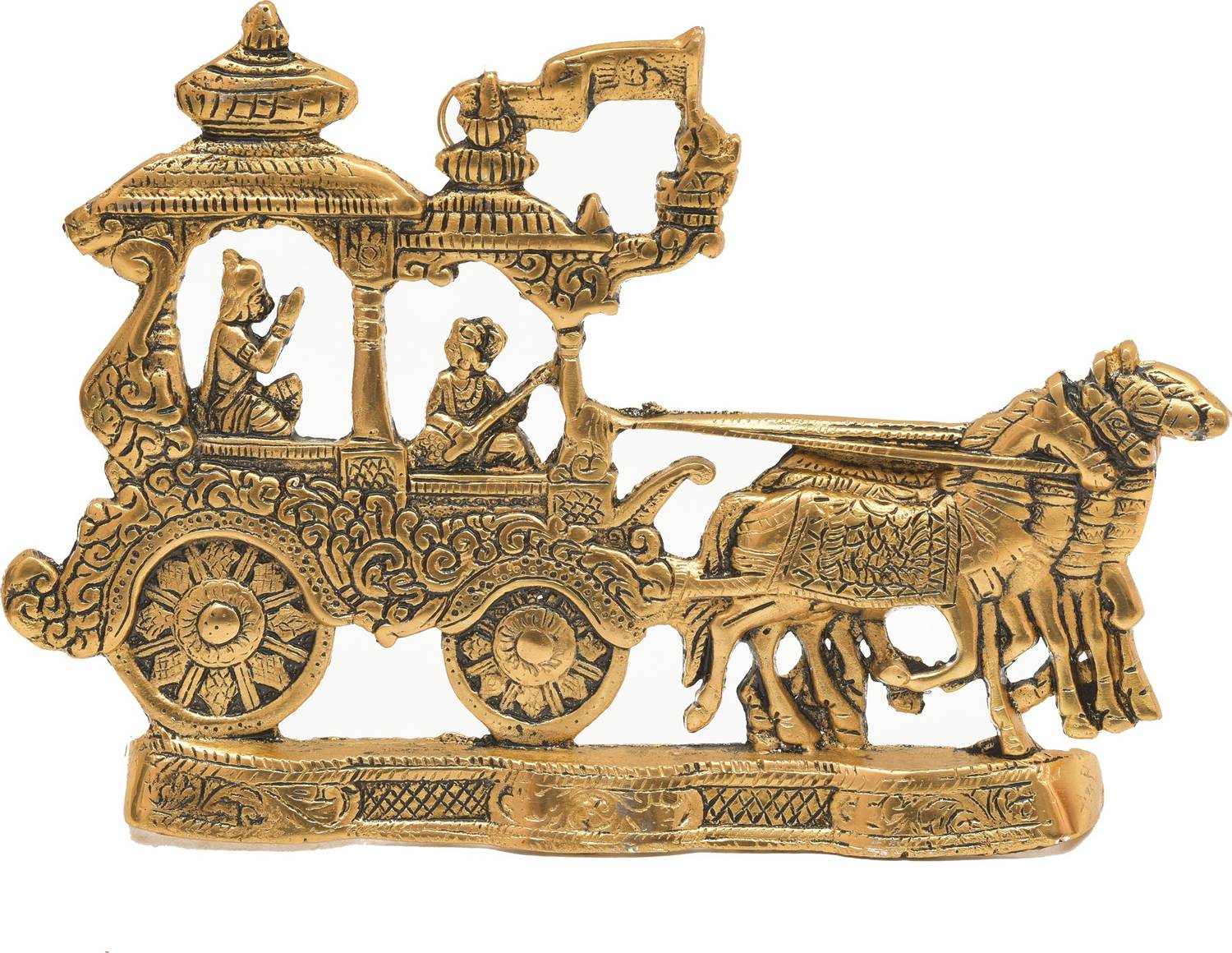 Bhavikaa Metal Arjun Krishna Geeta SAR Rath Chariot Wall Hanging(w x h- 25.4 x 19cm,Gold) Decorative Showpiece  -  19 cm