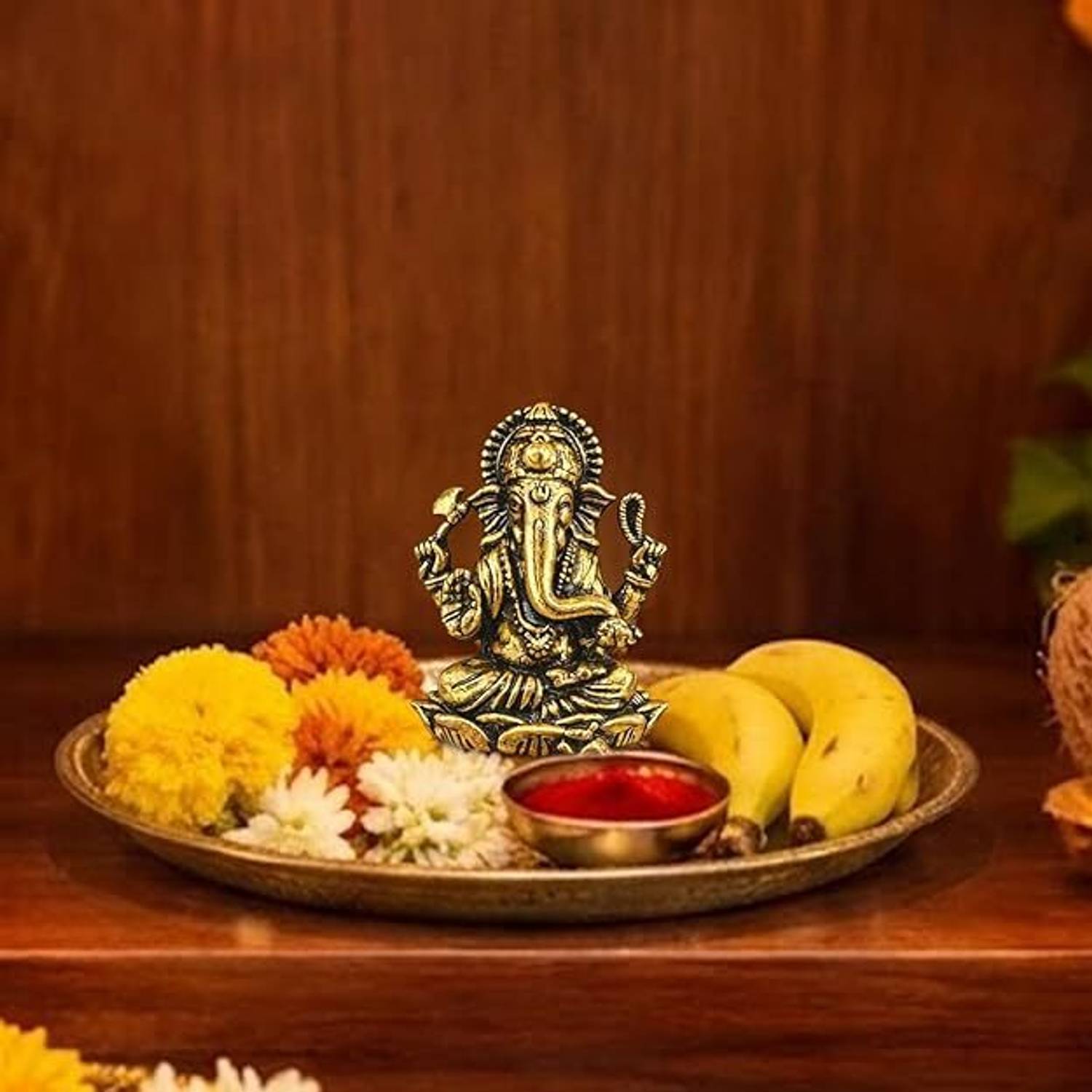 VAMA Pure Brass Ganesh Ji Murti Vinayaka Sitting on Lotus Handcrafted Golden Decorative Showpiece - 27 cm