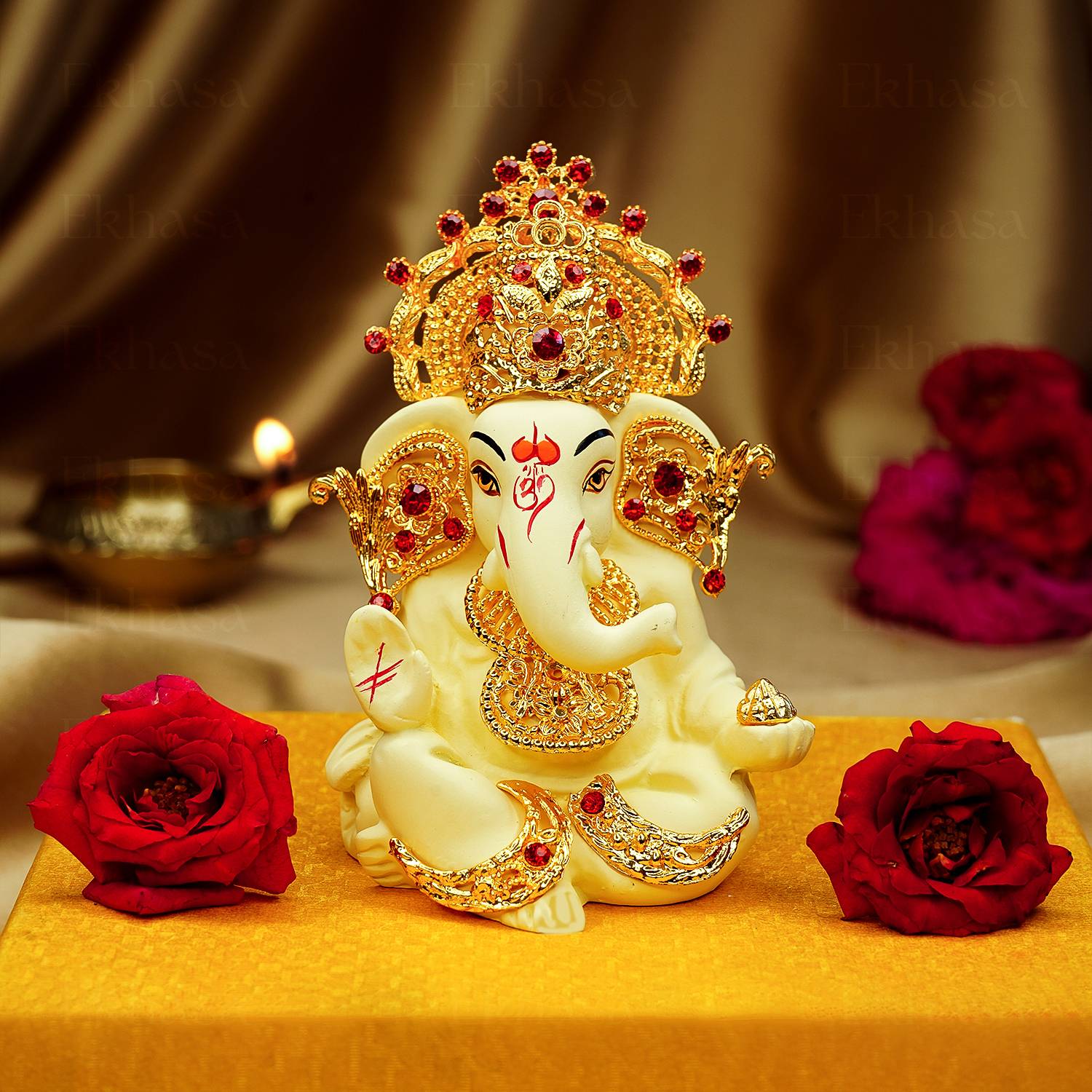 Ekhasa Ganesh Idol for Car Dashboard | Idols for Car Dash Board & Home Decor (Ivory) | Decorative Showpiece - 8.5 cm