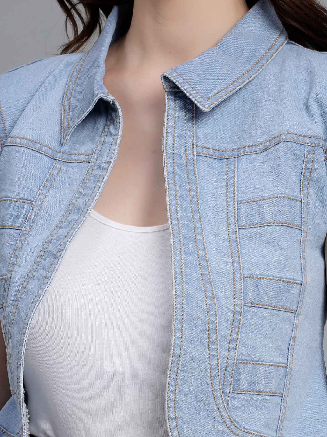 Image of Style Quotient Women Denim Short Sleeve Blue Shrug