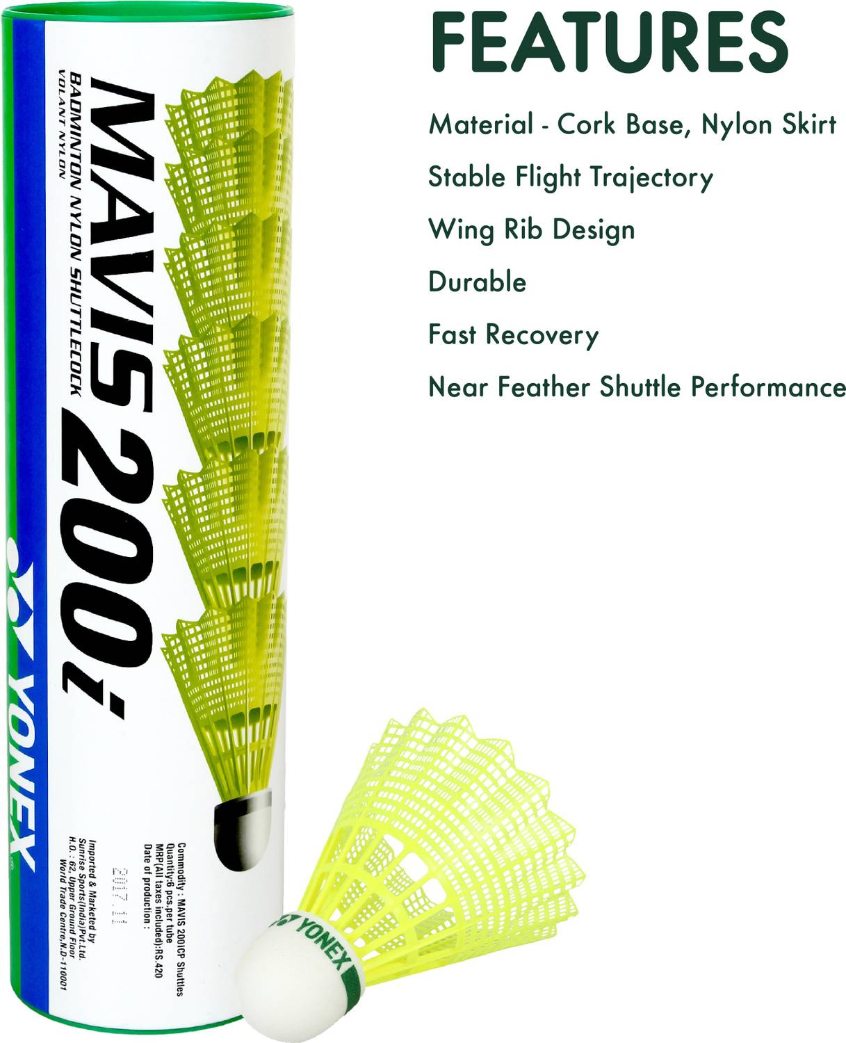 YONEX Mavis 200i Green Cap Nylon Shuttle - Yellow - Image 2