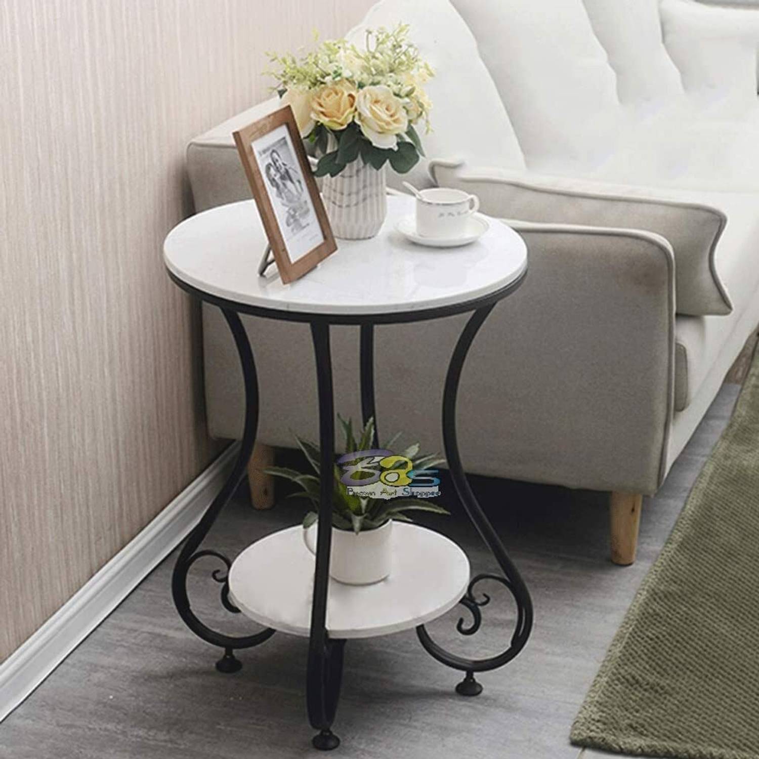 Rahat Handicraft Round Side Table Gold Metal Frame, 2 Tier Coffee