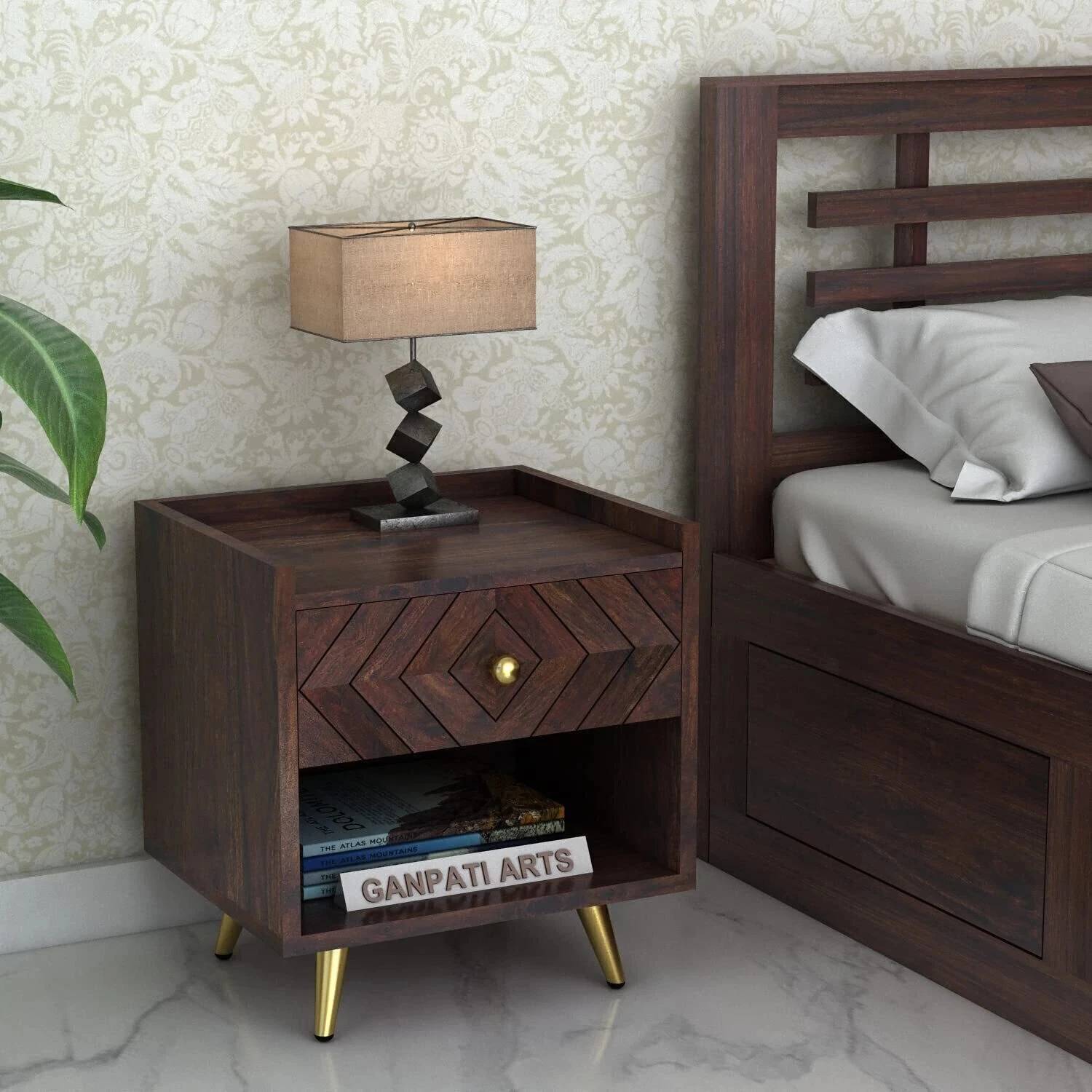Ganpati Arts Wave Sheesham Bedside Table with Drawer for Bedroom/