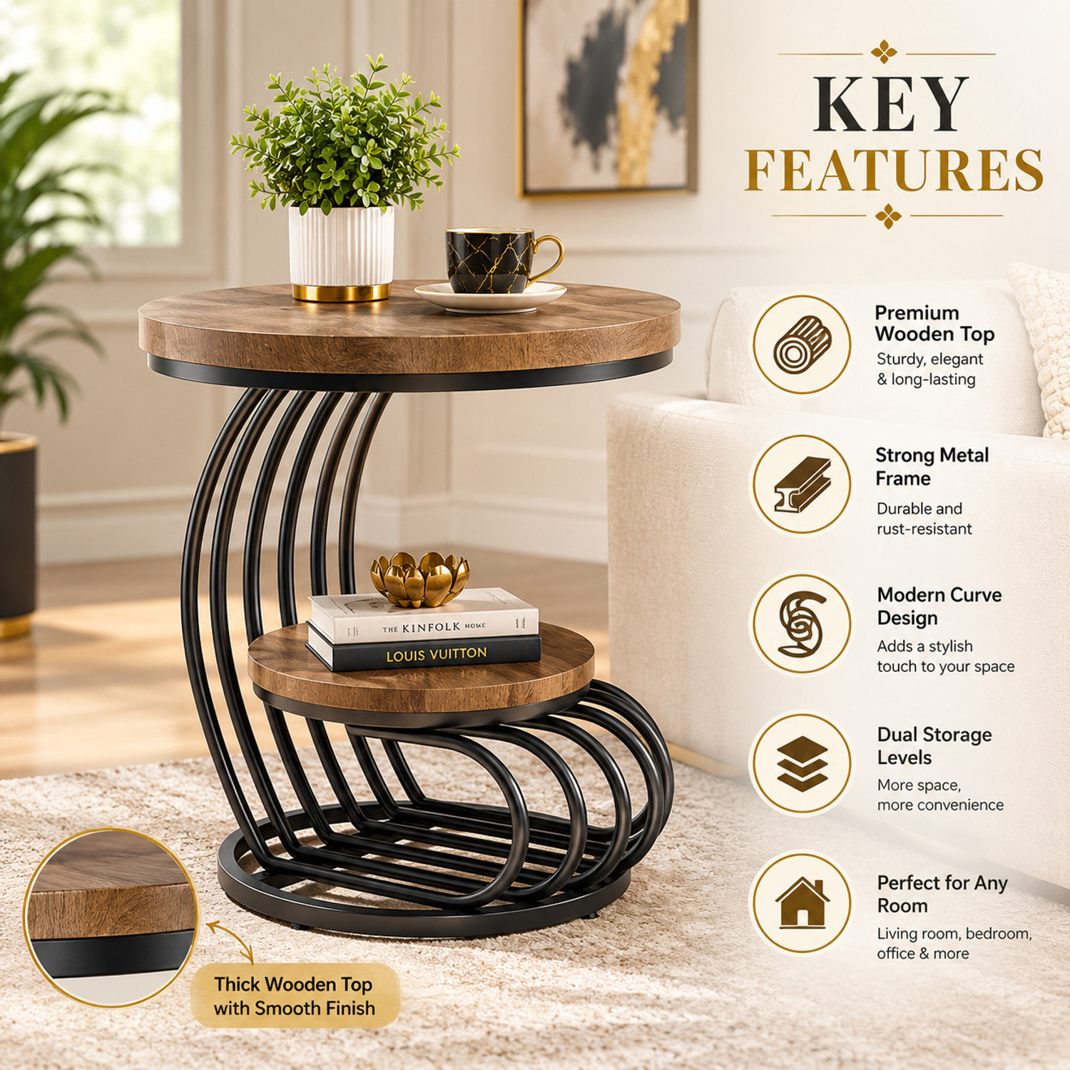 Image of Unique Arts Shoppee 2 Tier Round Nesting Coffee Table with White Marble Top & Golden Frame Metal Side Table