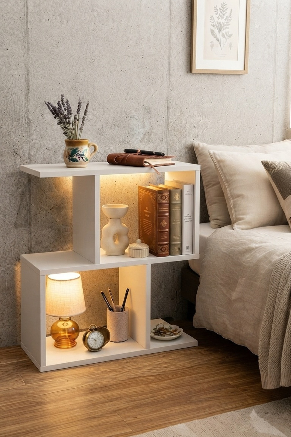 Image of SKG ENTERPRISES Elegant Z Shape Bedside Table for Living Room and Bedroom Engineered Wood Side Table (Finish Color - White, DIY(Do-It-Yourself))