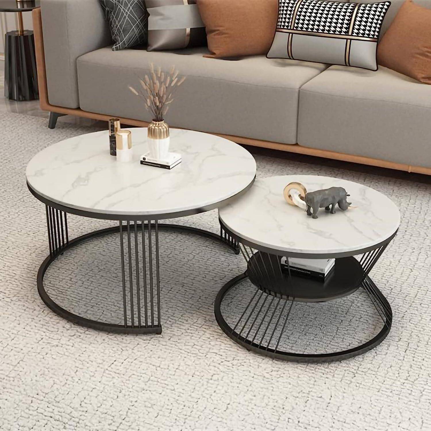 Creation Art Metal Frame Engeering Wood Round Top Set of 2 Coffee