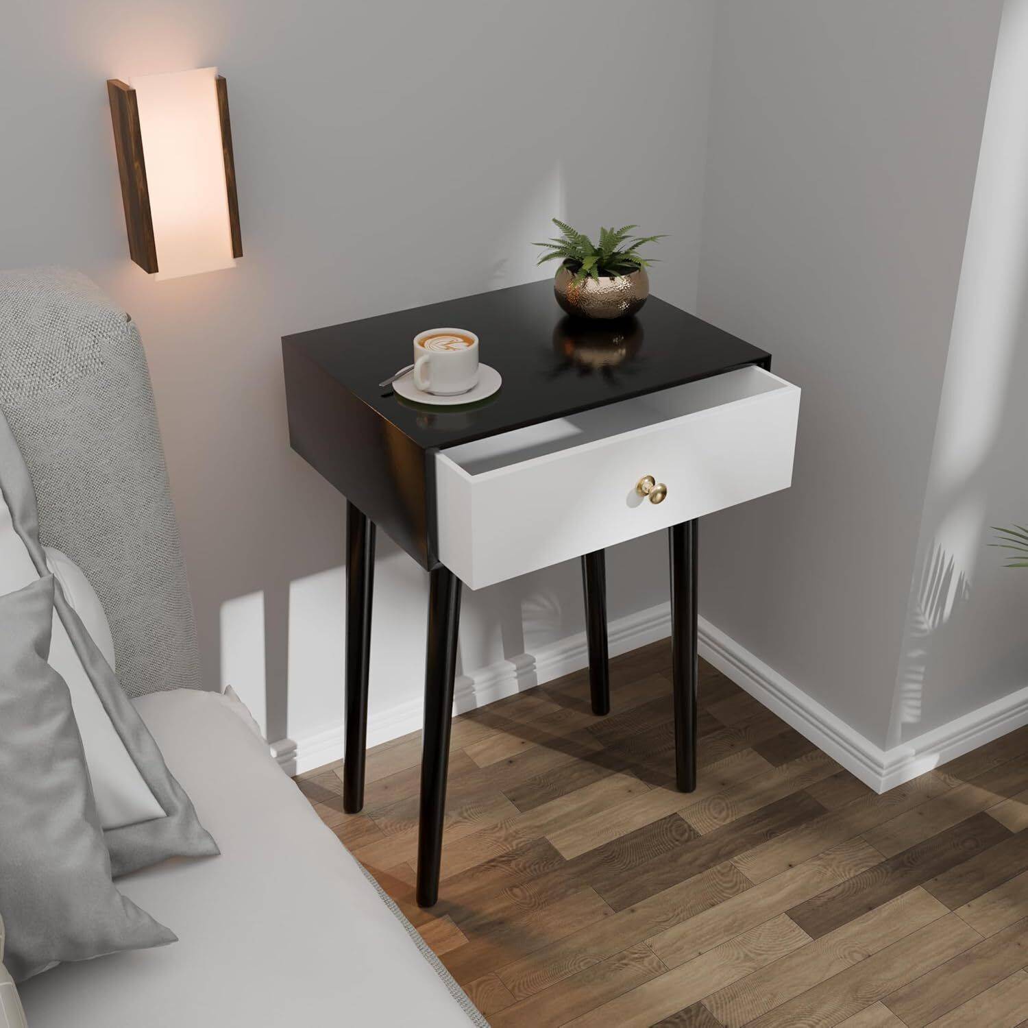 etiquette art Modern Bedside Table with Solid Wood Legs, Night St