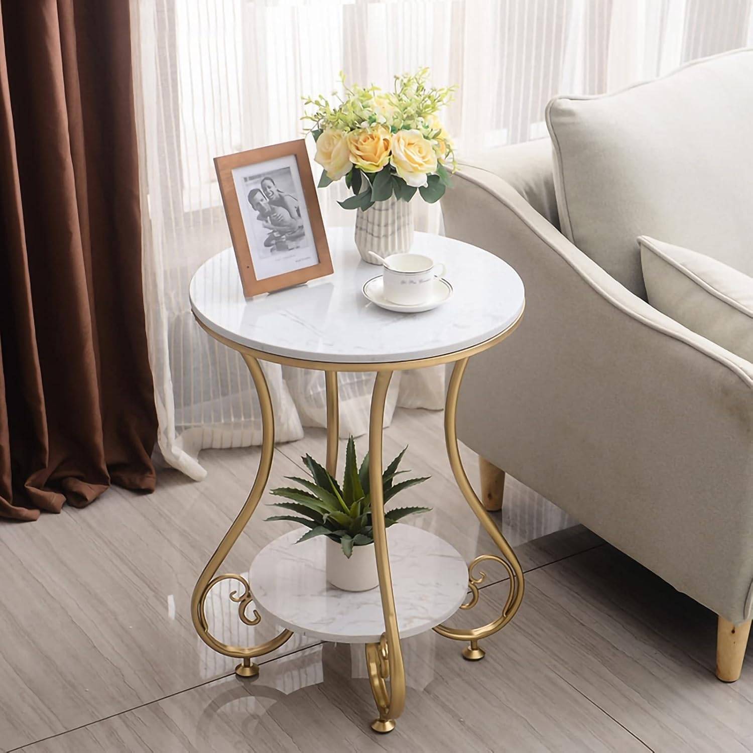 Wudan Haat Round Side Table Gold Metal Frame 2-Tier Coffee Table