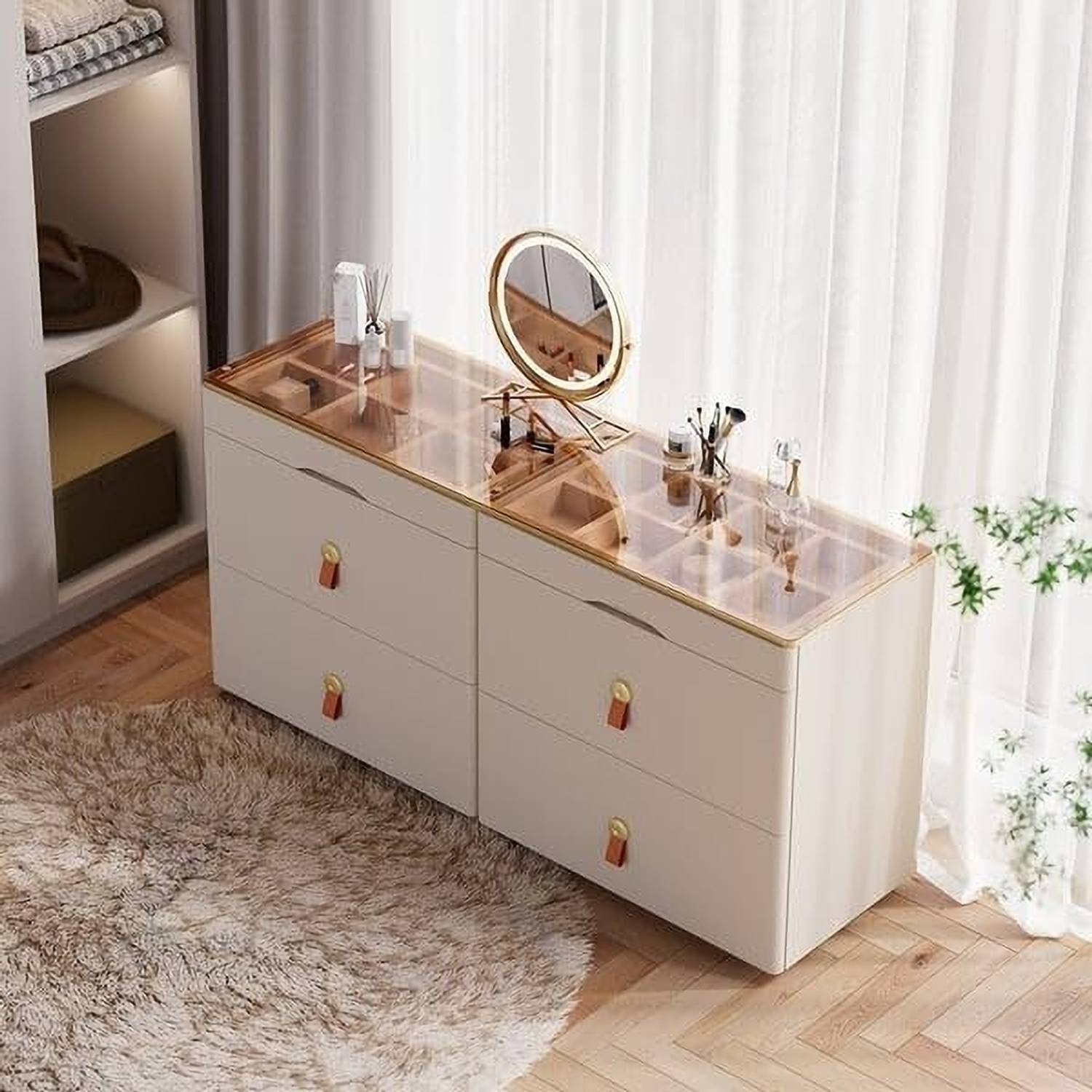 NG Decor W Glass White Dresser 6 Drawer Closet Island with Jewelr