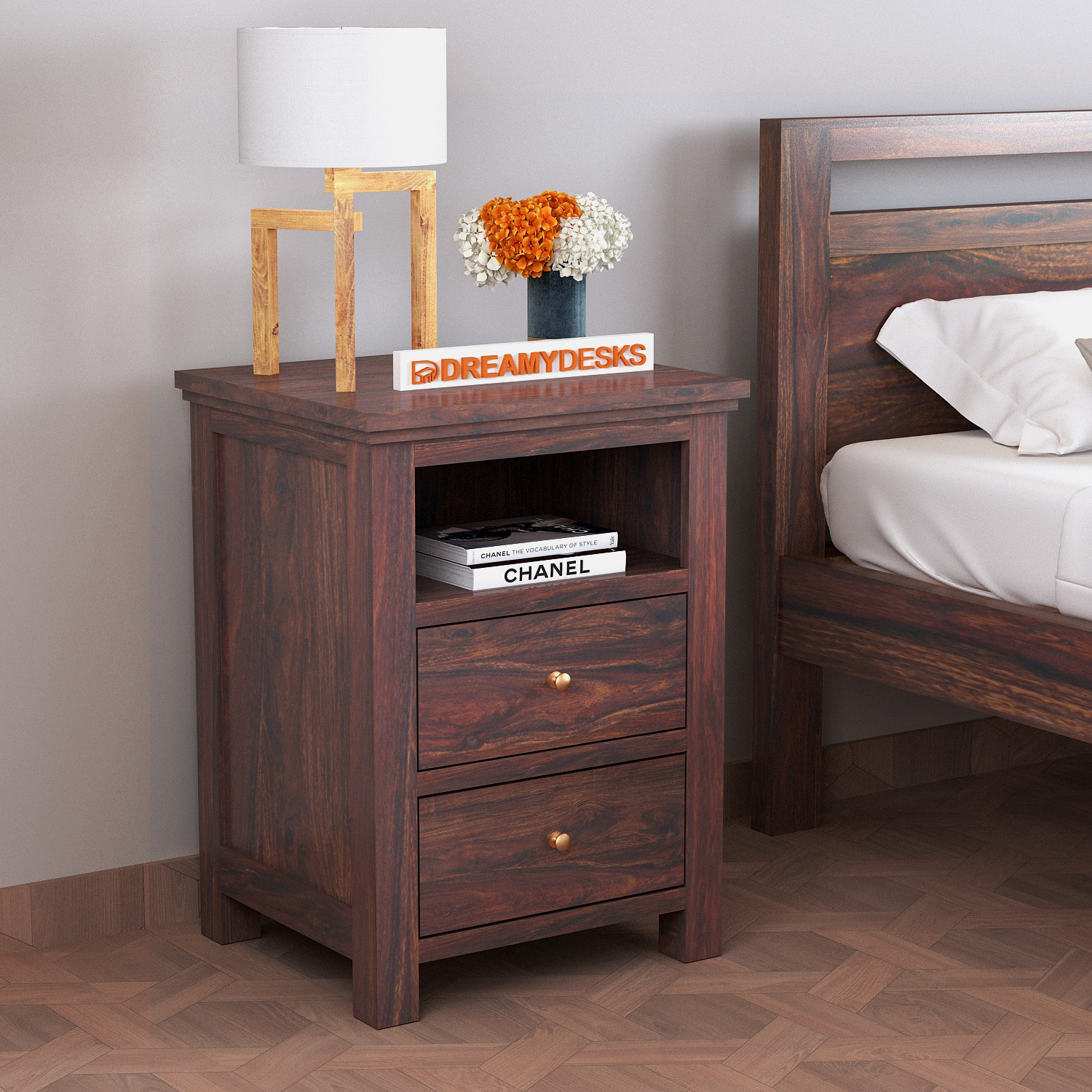 Image of Dreamydesks Solid Wood Bedside Table with 2 Drawer & Shelf for Bedroom Solid Wood Bedside Table