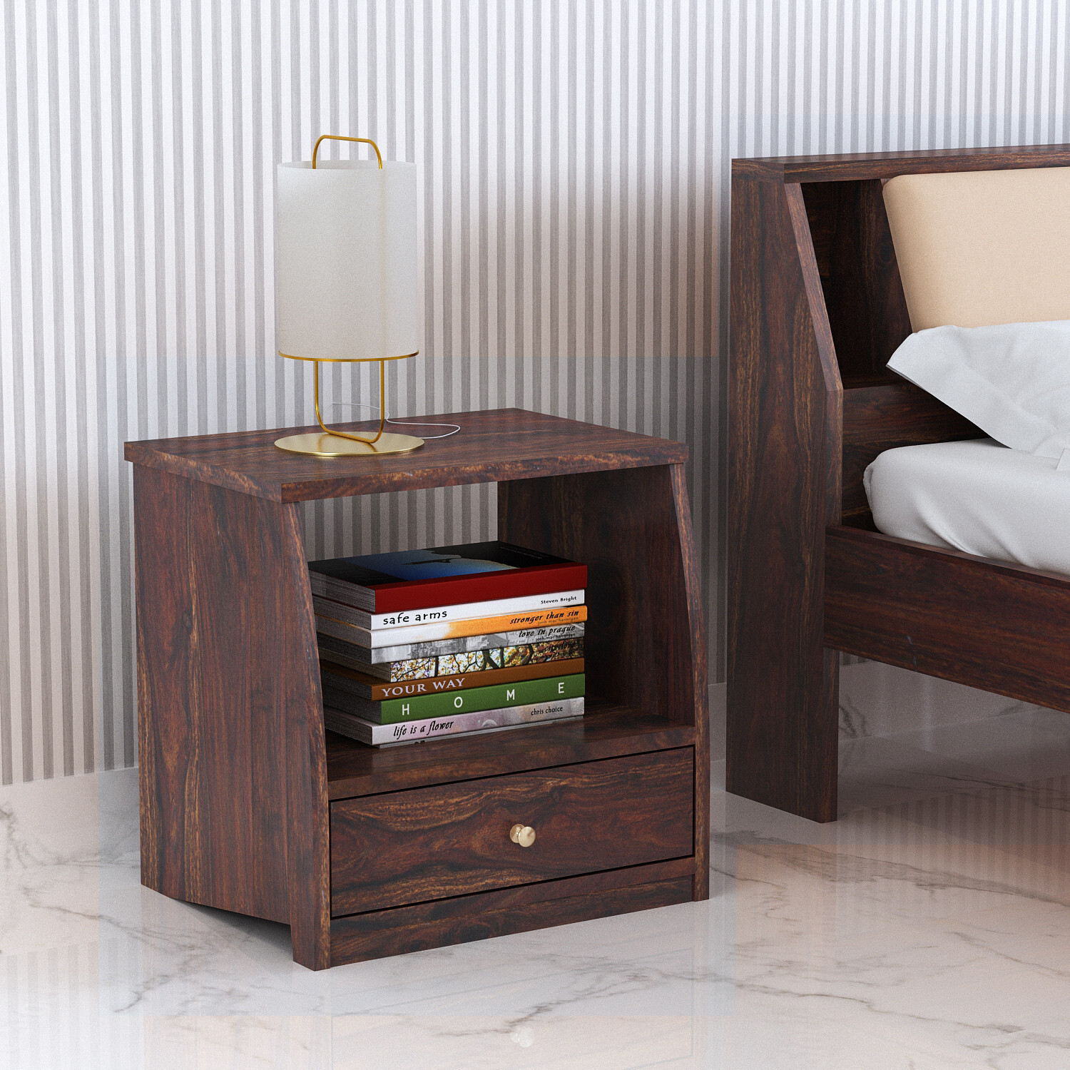 Image of Dreamydesks Solid Wood Bedside Table with Drawer for Bedroom Solid Wood Bedside Table