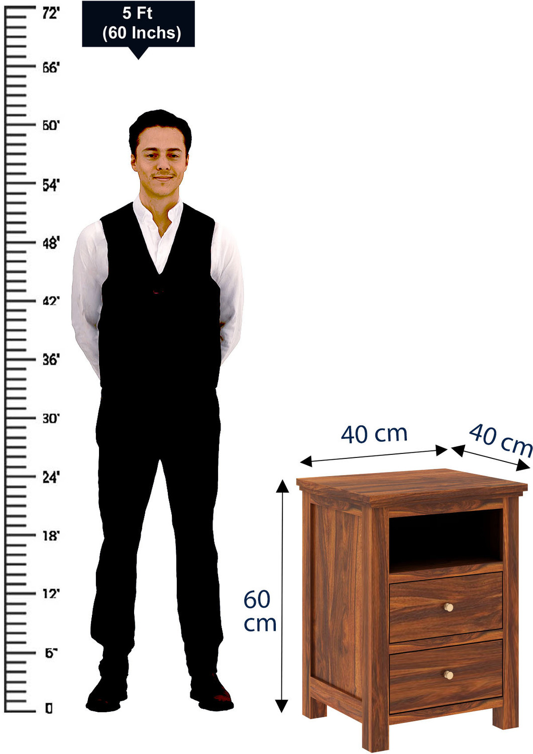 Image of Dreamydesks Solid Wood Bedside Table with 2 Drawers & Shelf Storage for Bedroom Solid Wood Bedside Table
