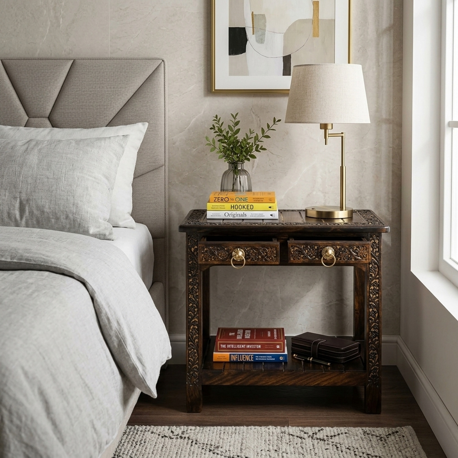 Image of NICE CRAFTS Wooden Stool-Natural Wood Antique Look Side Table with Two Drawer Solid Wood Bedside Table