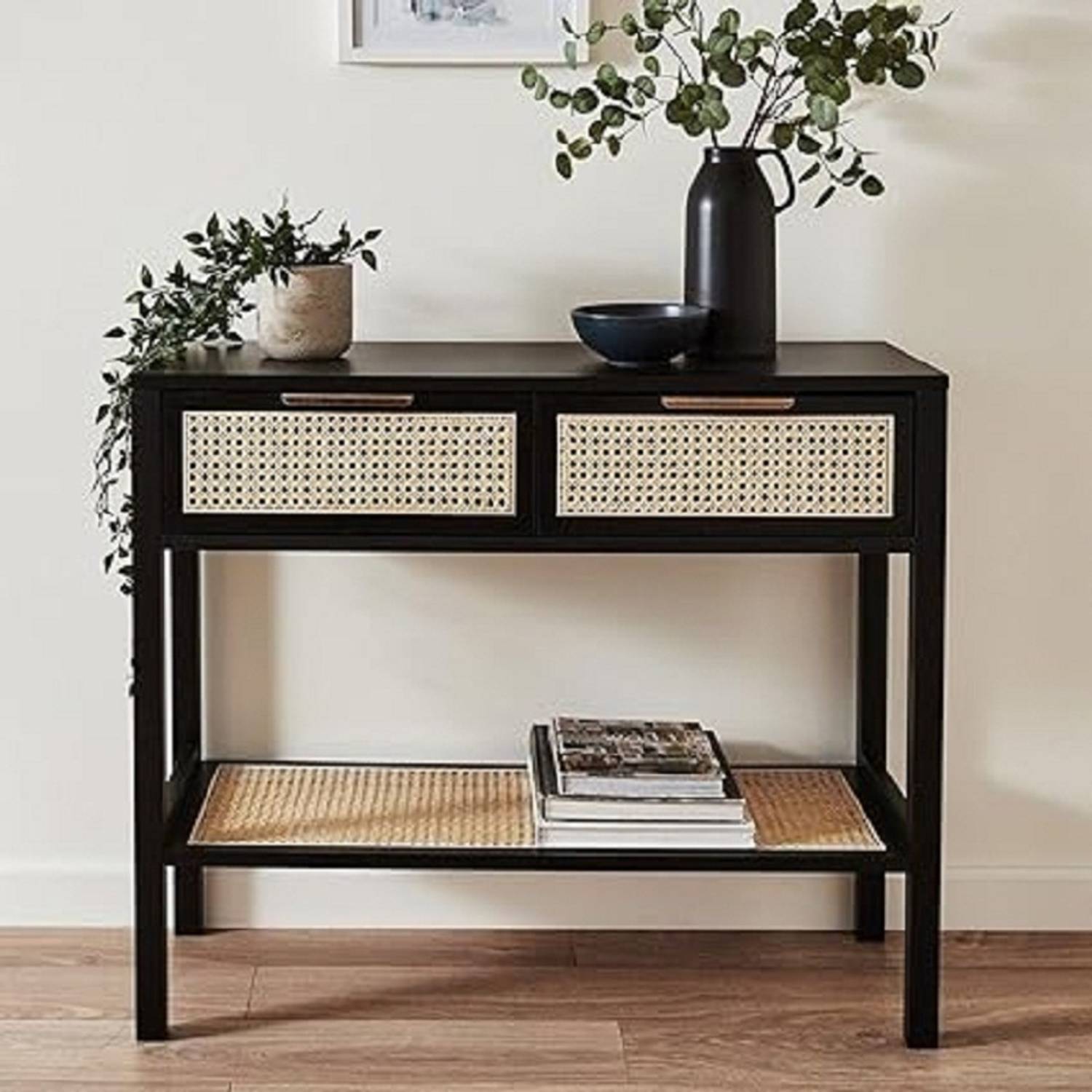 Home wood Cane Drawer Console Table, 2 Drawers, Black. Solid Wood