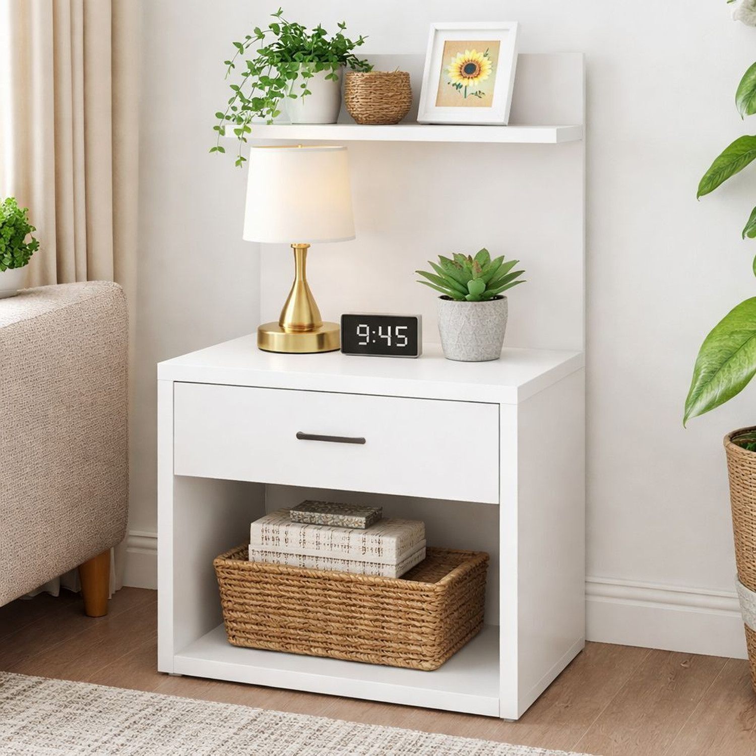 Image of KAWACHI Sofa Side Bedside Table with Drawer Open Cabinet Nightstand End Table Engineered Wood Bedside Table (Finish Color - White, DIY(Do-It-Yourself))